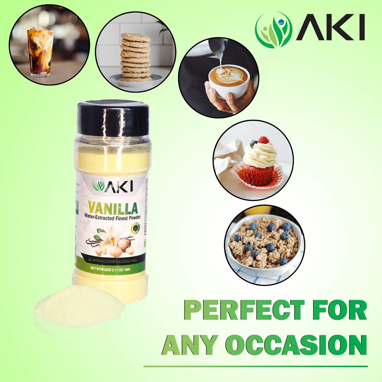 Aki Vanilla Water Extracted Powder From Authentic Beans For Flavoring, Cooking, Baking & Smoothies - Sugar Free &   Free - Added 2% Monk Fruit Sweetener - Non-Gmo & Vegan (2.11Oz/60G)