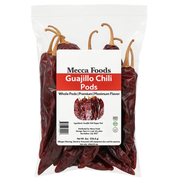 Mecca Foods Guajillo Chiles – Dried Mexican Chili Peppers, 8 Ounce, Authentic Mild-Heat for Mole, Pozole, Tacos, Salsas & Adobo
