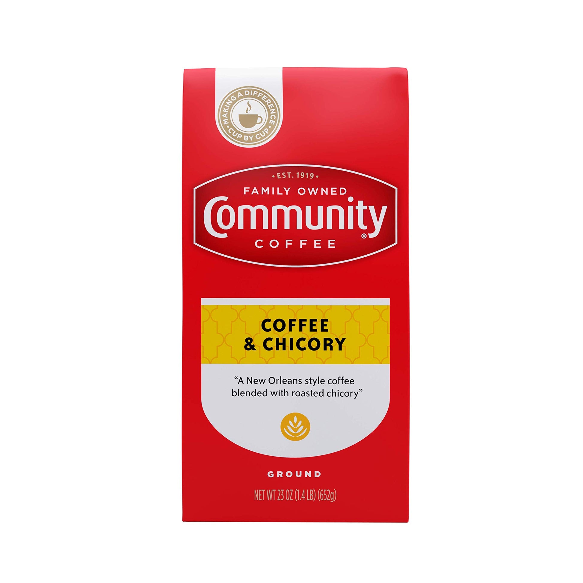 Community Coffee Coffee & Chicory Blend, Medium Dark Roast Ground Coffee, 23 Ounce Bag, Red, Pack of 1