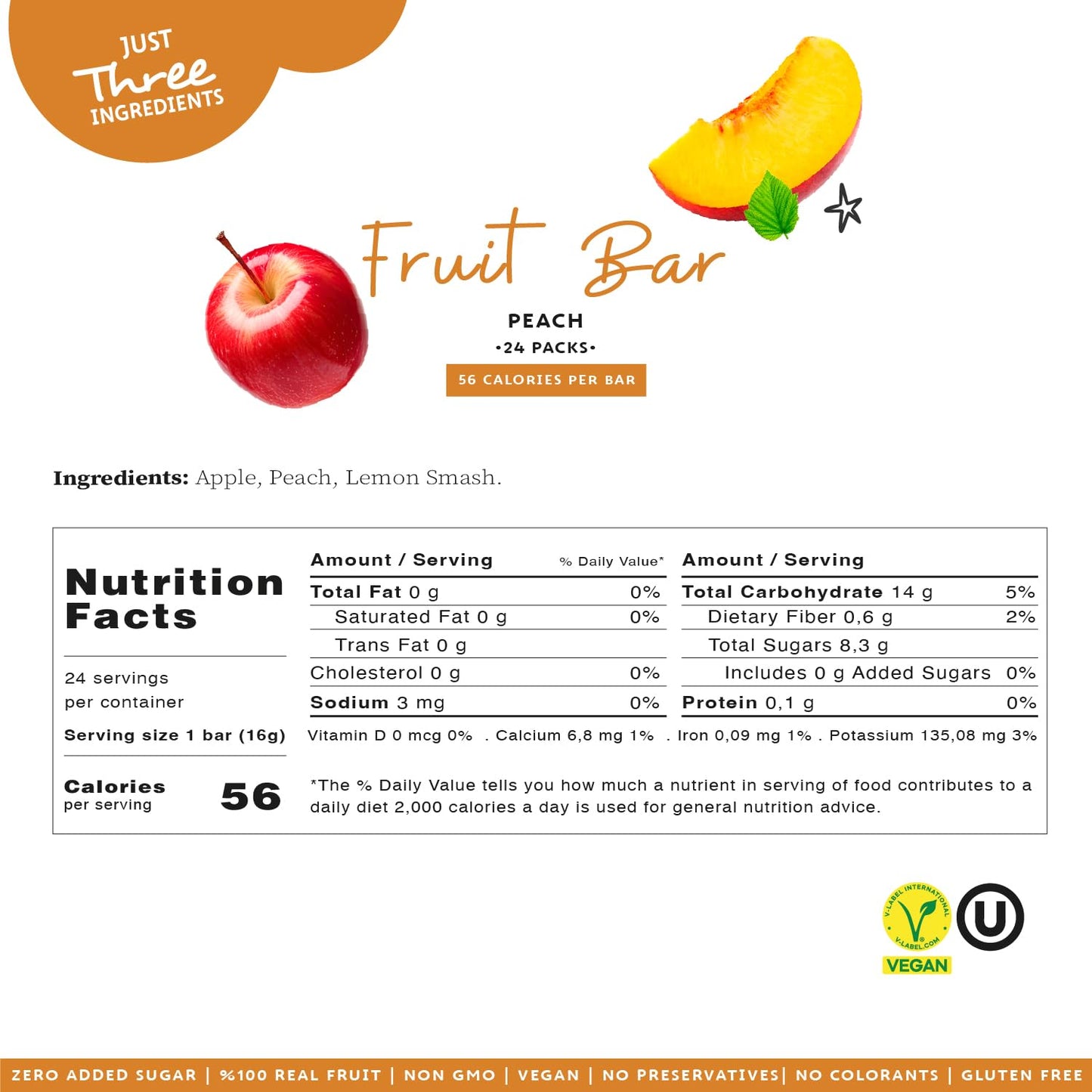 Mate Apple + Peach Healthy Snack, 100% Natural Real Fruit Bar & Gluten-Free & Vegan & Non Gmo & Kosher - Zero Added Sugar, No Pr