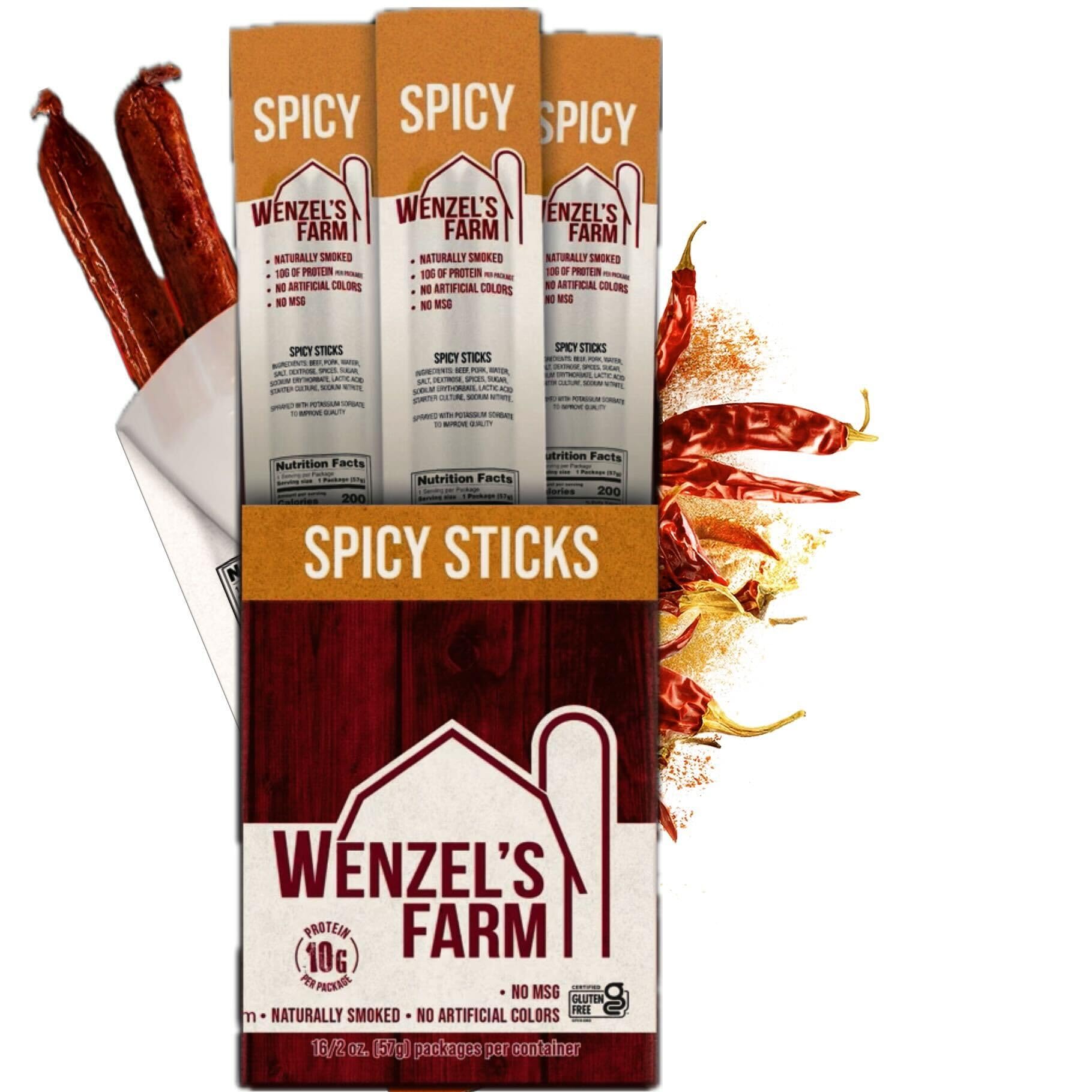 Wenzels Farm Spicy Sticks - High Protein, Low Carb, Gluten Free - 32 Count (16 Packs of 2) - Model 00247