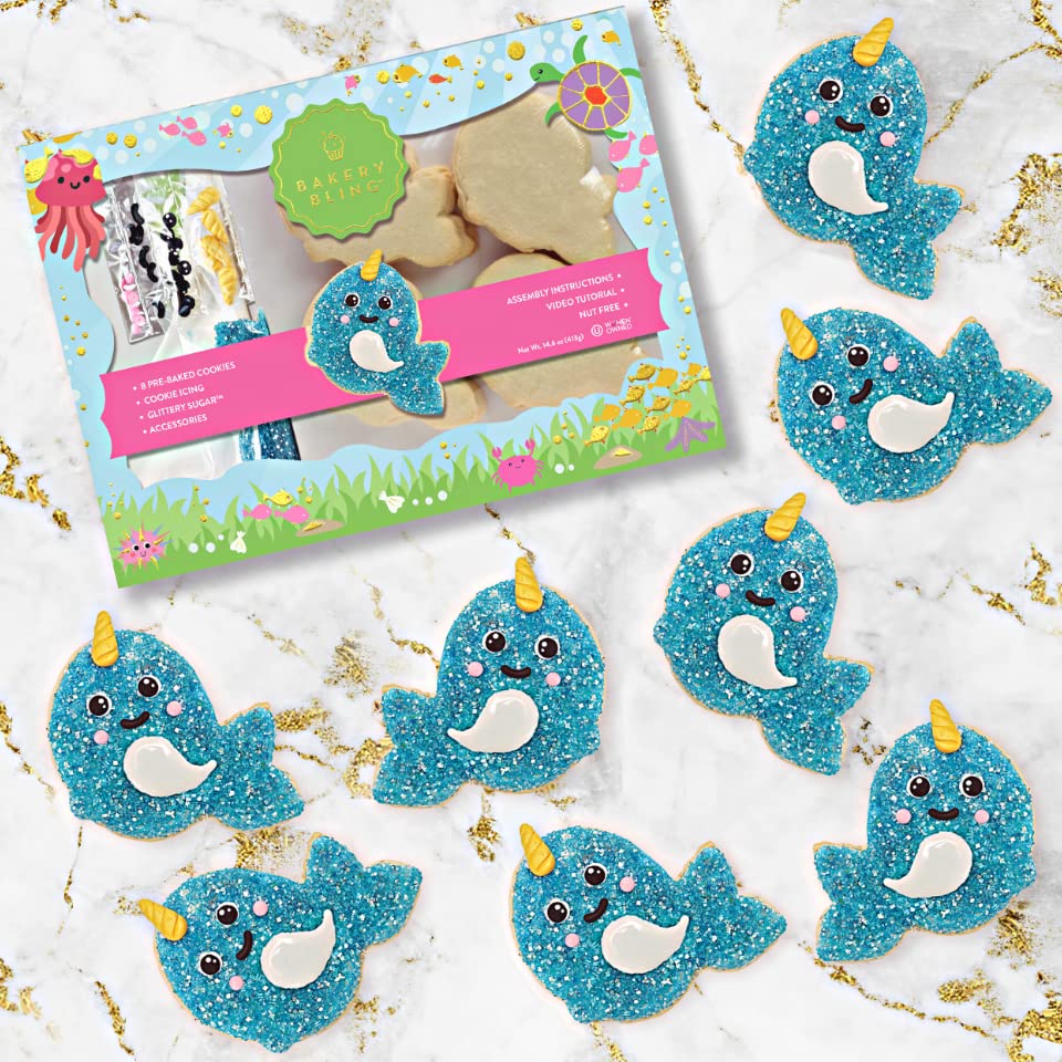 Narwhal Designer Cookie Kit - Decorate 8 Narwhal-Shaped Sugar Cookies With Edible Glitter & Accessories - Nut-Free, Dairy-Free,