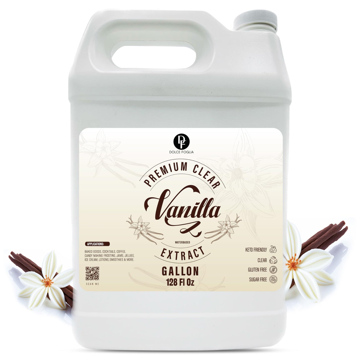 Dolce Foglia Imitation Vanilla Extract - Double Strength, Gluten-Free, Keto-Friendly - 1 Gallon - Clear