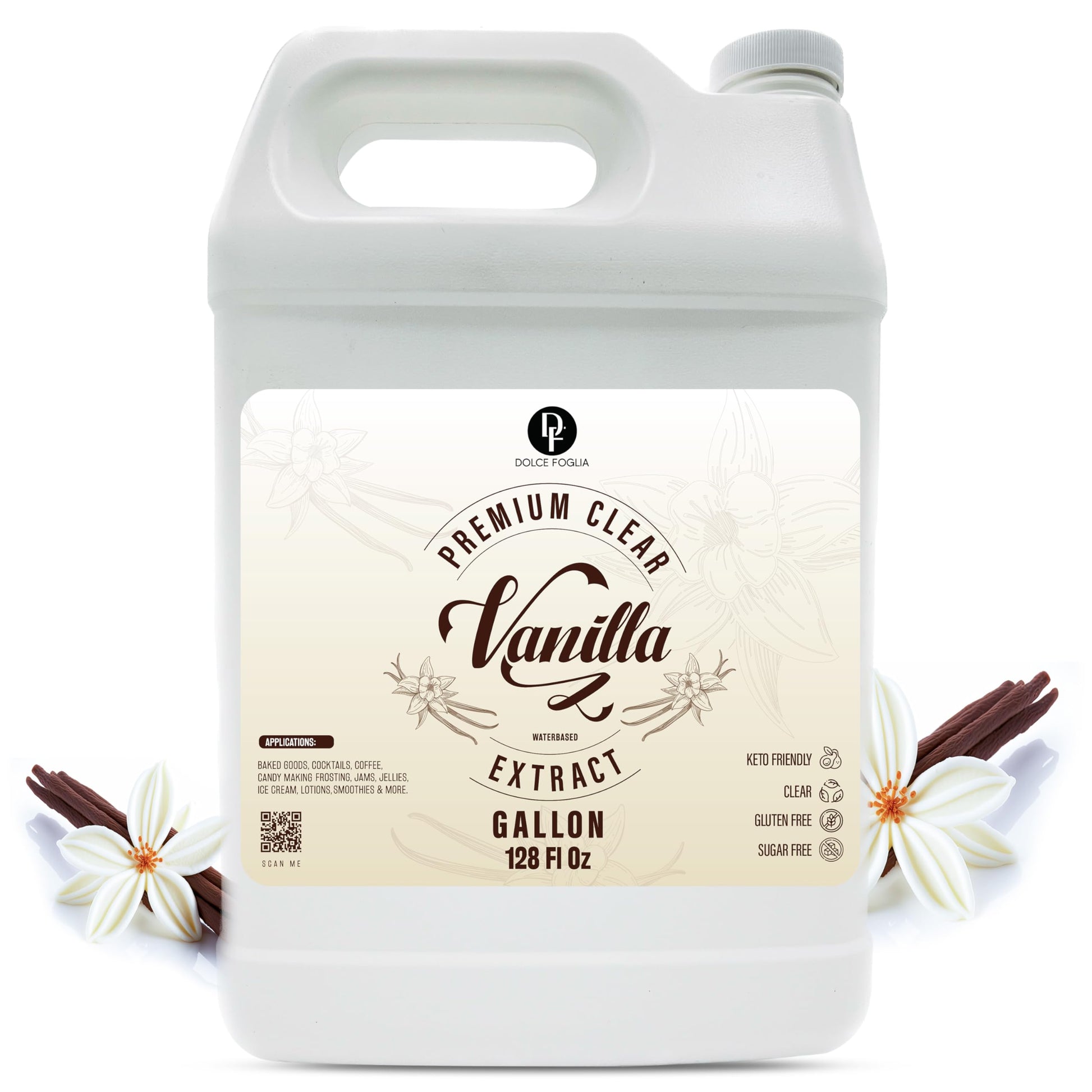 Dolce Foglia Imitation Vanilla Extract - Double Strength, Gluten-Free, Keto-Friendly - 1 Gallon - Clear