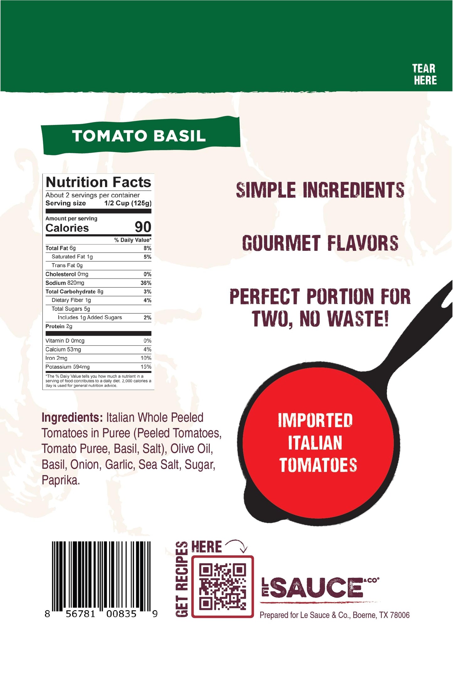 Le Sauce & Co. Tomato Basil Pasta Sauce, All Natural, Low Sugar, 2-Pack