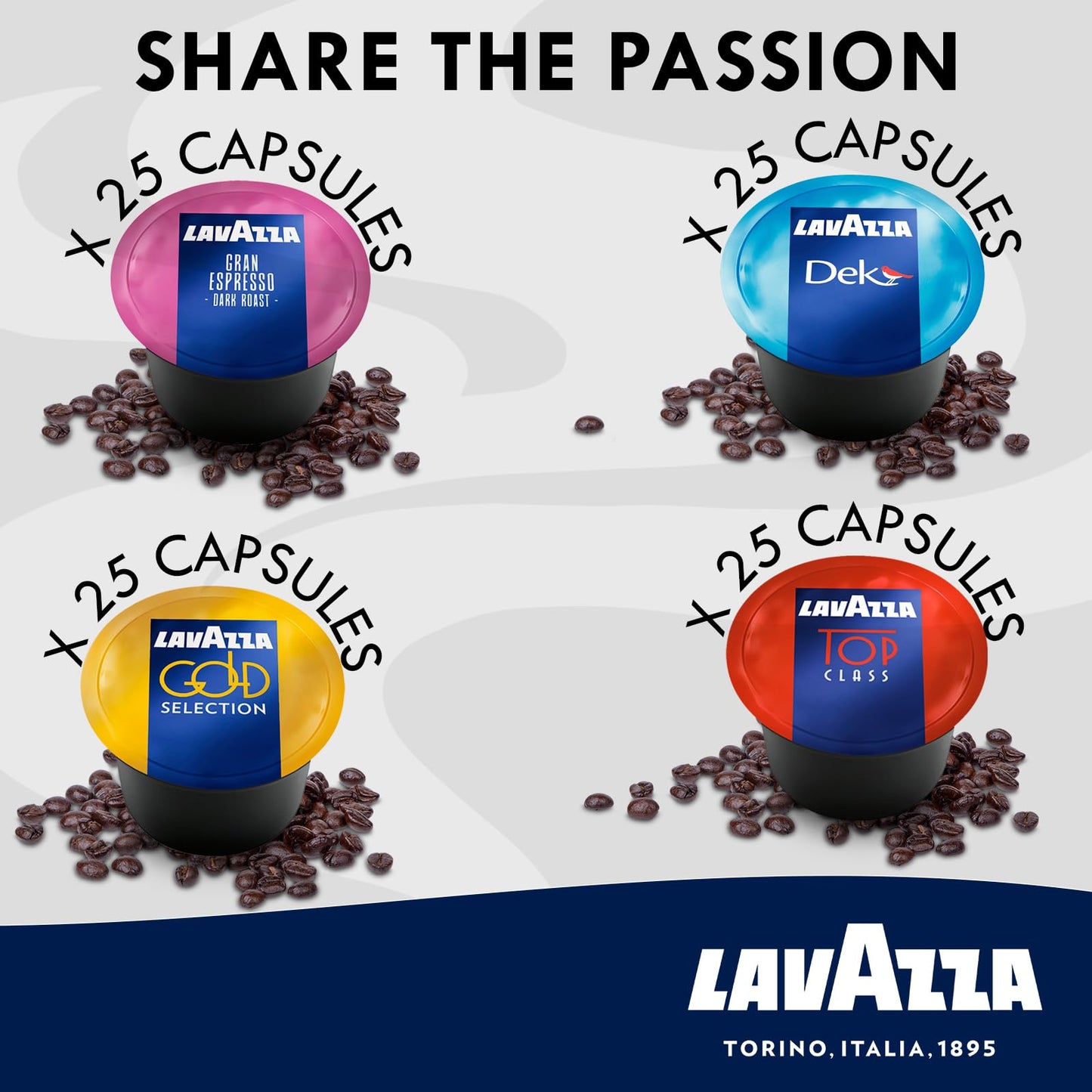 Lavazza Blue Coffee compact pieces Variety Pack - 100 Count - Includes Decaf, Gran Espresso, Top Class, Gold S  - Compatible with LB Machines