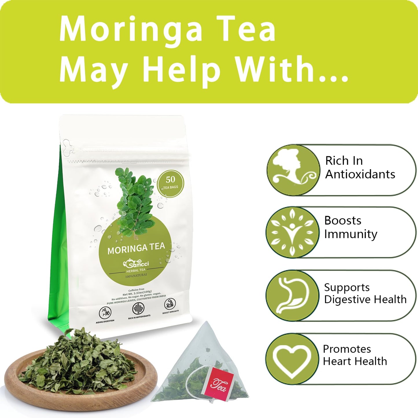 SAMCCI Moringa Tea - Herbal Tea for Digestion & Immune Support - 50 Tea Bags - Non-GMO, Vegan, Caffeine-Free