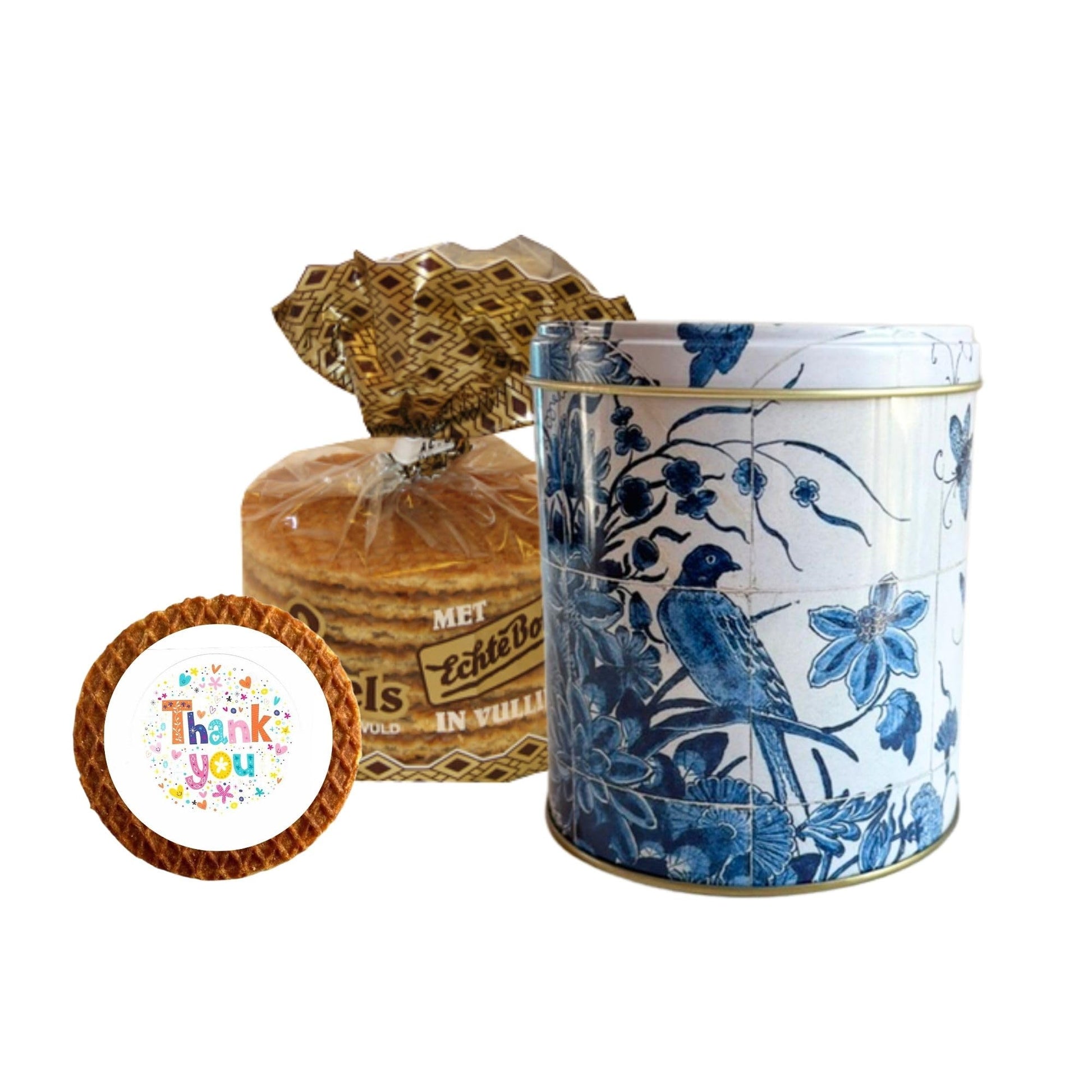 Dereuze Dutch Stroopwafels Gift Set With Decorative Netherlands Inspired Design Blue Tin And Special Occasion Gift Message Shipped In Organza Bag (Thank You)