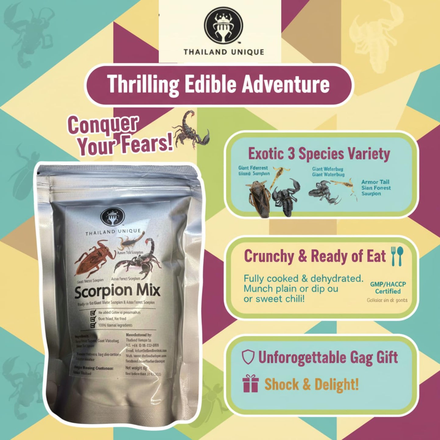 Thailand Unique Scorpion Mix - 15 G 3 Pieces Dehydrated Edible Insects For Humans, Healthy And A Great Gag Gift