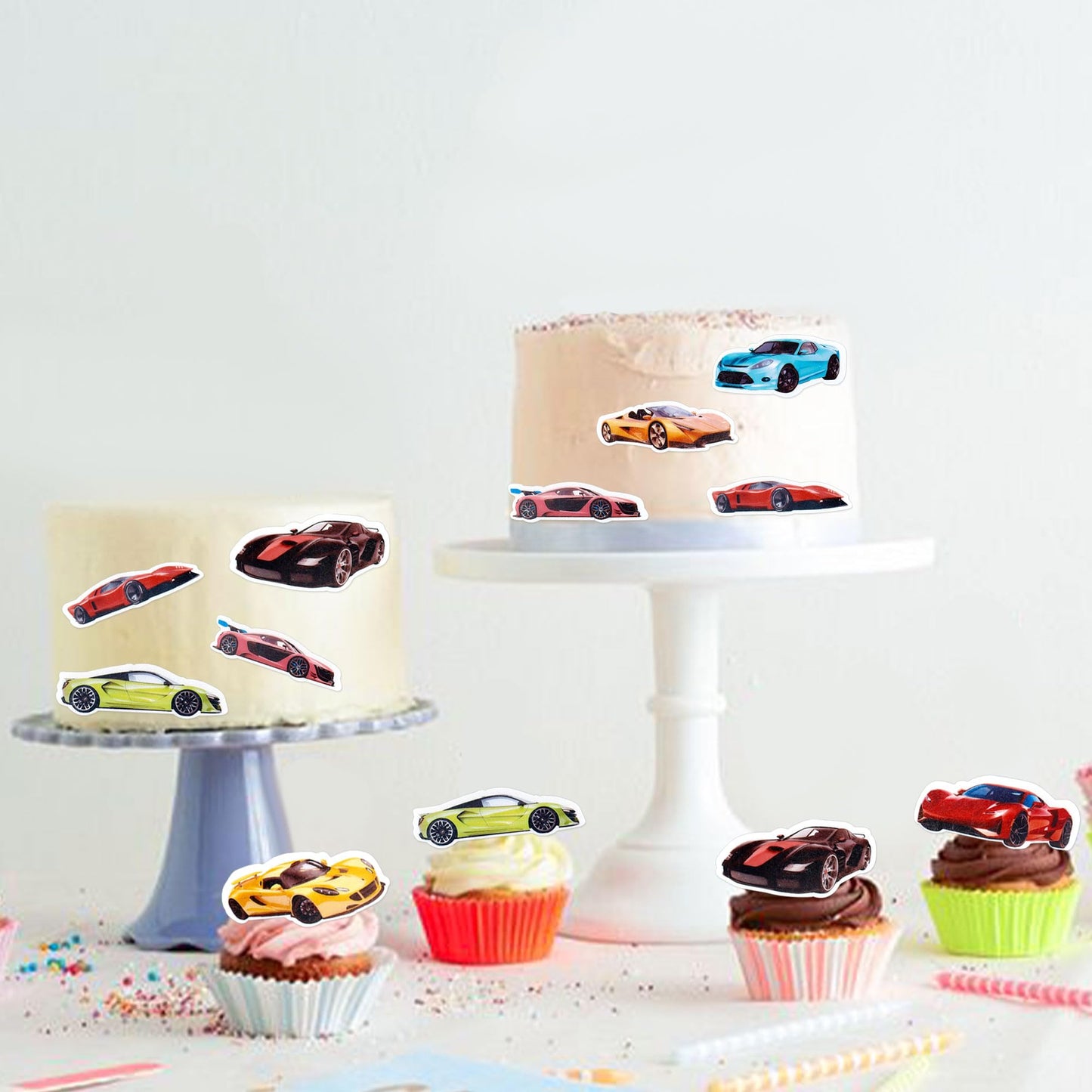 Cyodoos 45Pcs Edible Wafer Paper Race Car Cupcake Toppers Car Party Decoration Drink Topper Birthday Party Supplies Car Themed P