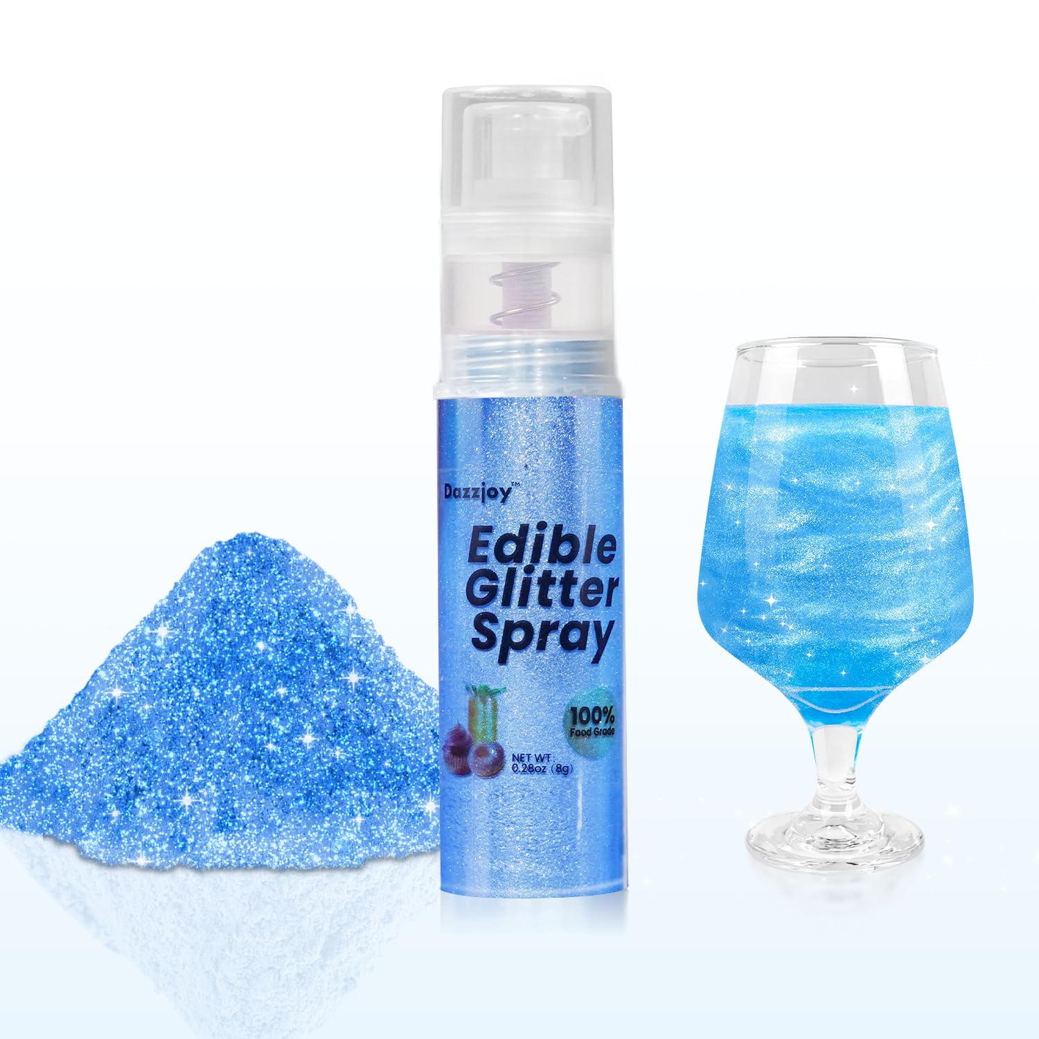 Dazzjoy Blue Edible Glitter Spray 8g, 100% Food Grade, Kosher & Halal, Shimmer Edible glitter for Drinks, Cocktail, Cupcake, Des