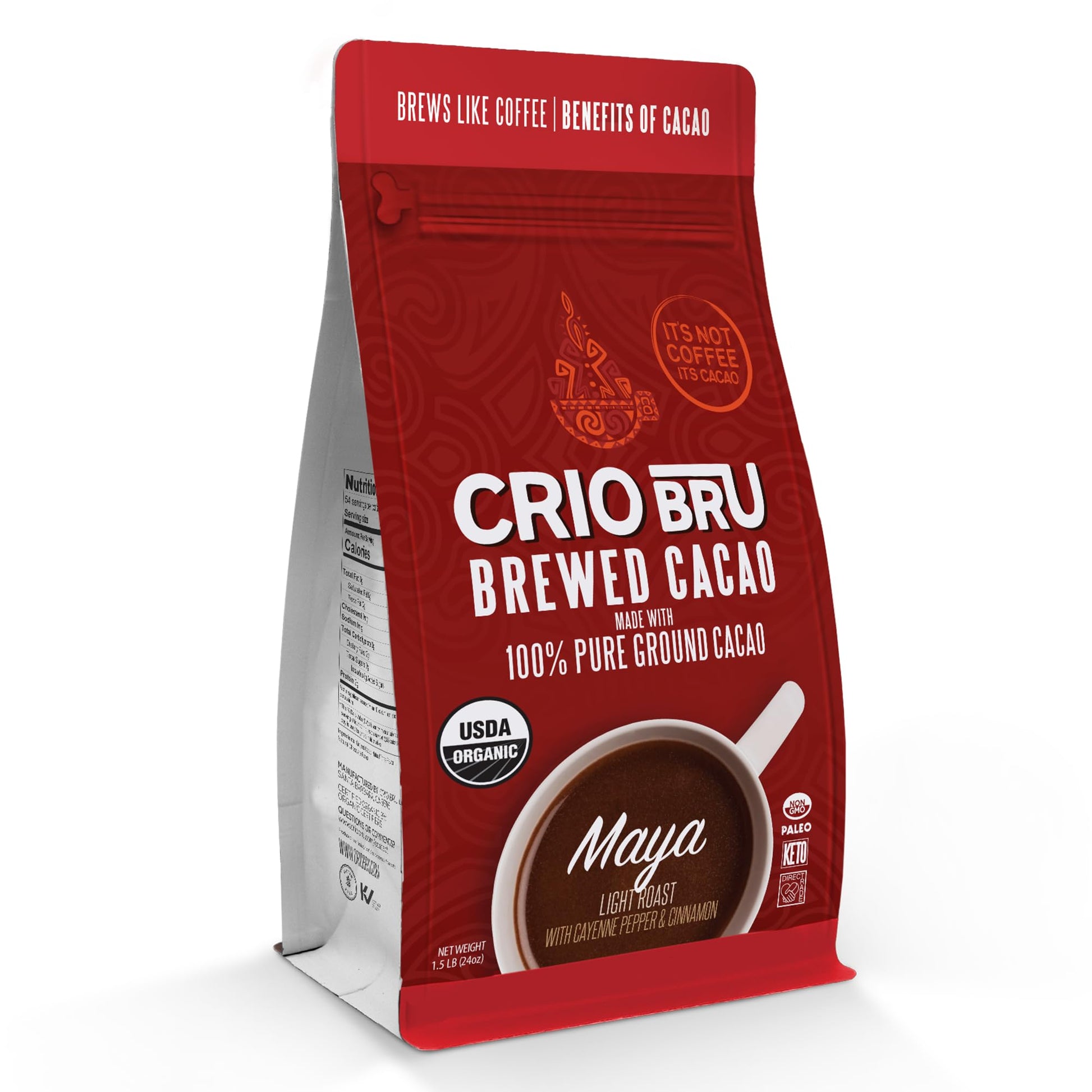 Crio Bru Brewed Cacao Maya Light Roast - Coffee Alternative Natural Healthy Drink | 100% Pure Ground Cacao Beans Brew And Enjoy 