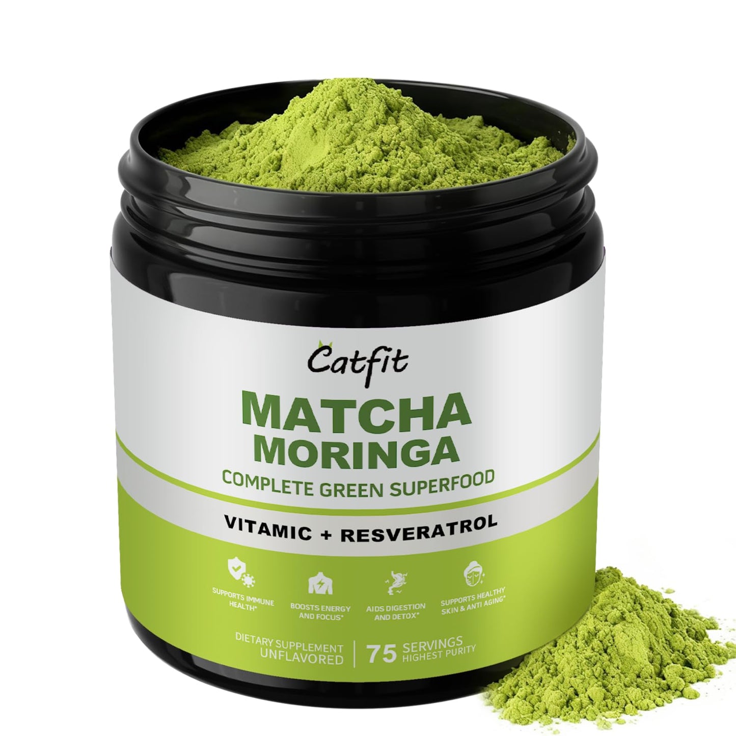 Matcha Powder - Superfood Blend with Moringa & Green Tea & Resveratrol  Energy & Focus Support  Immune & Antioxidant Defense  Vegan  Gluten-Free  8oz