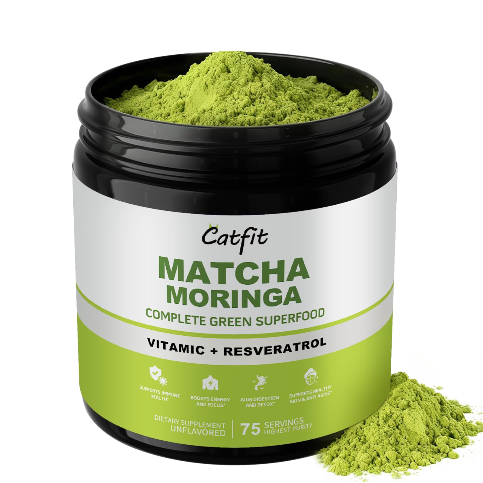 Matcha Powder - Superfood Blend with Moringa & Green Tea & Resveratrol  Energy & Focus Support  Immune & Antioxidant Defense  Vegan  Gluten-Free  8oz