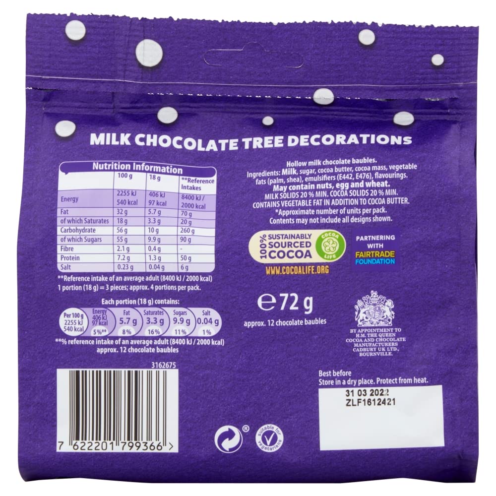 Cadbury Milk Chocolate Christmas Tree Decorations, 72G (Pack Of 6)