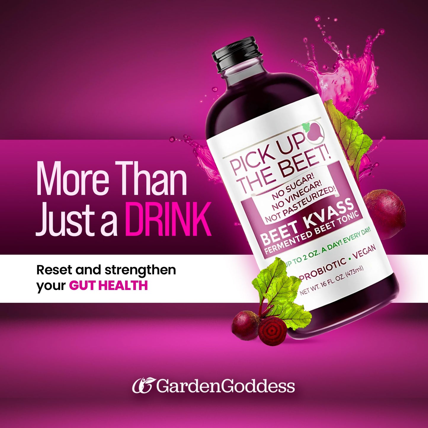 Pick Up The Beet Organic Beet Juice Kvass with Live Probiotics  Vegan - Natural Nitric Oxide Boost  Fermented Beet Tonic  Sugar Cravings Support  32 Ounces  2 Bottles