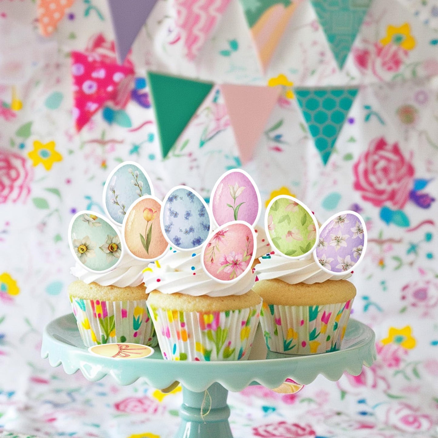 30Pcs Edible Easter Eggs Cupcake Toppers Edible Spring Floral Eggs Cupcake Picks Wafer Paper Easter Day Cake Toppers For Happy E
