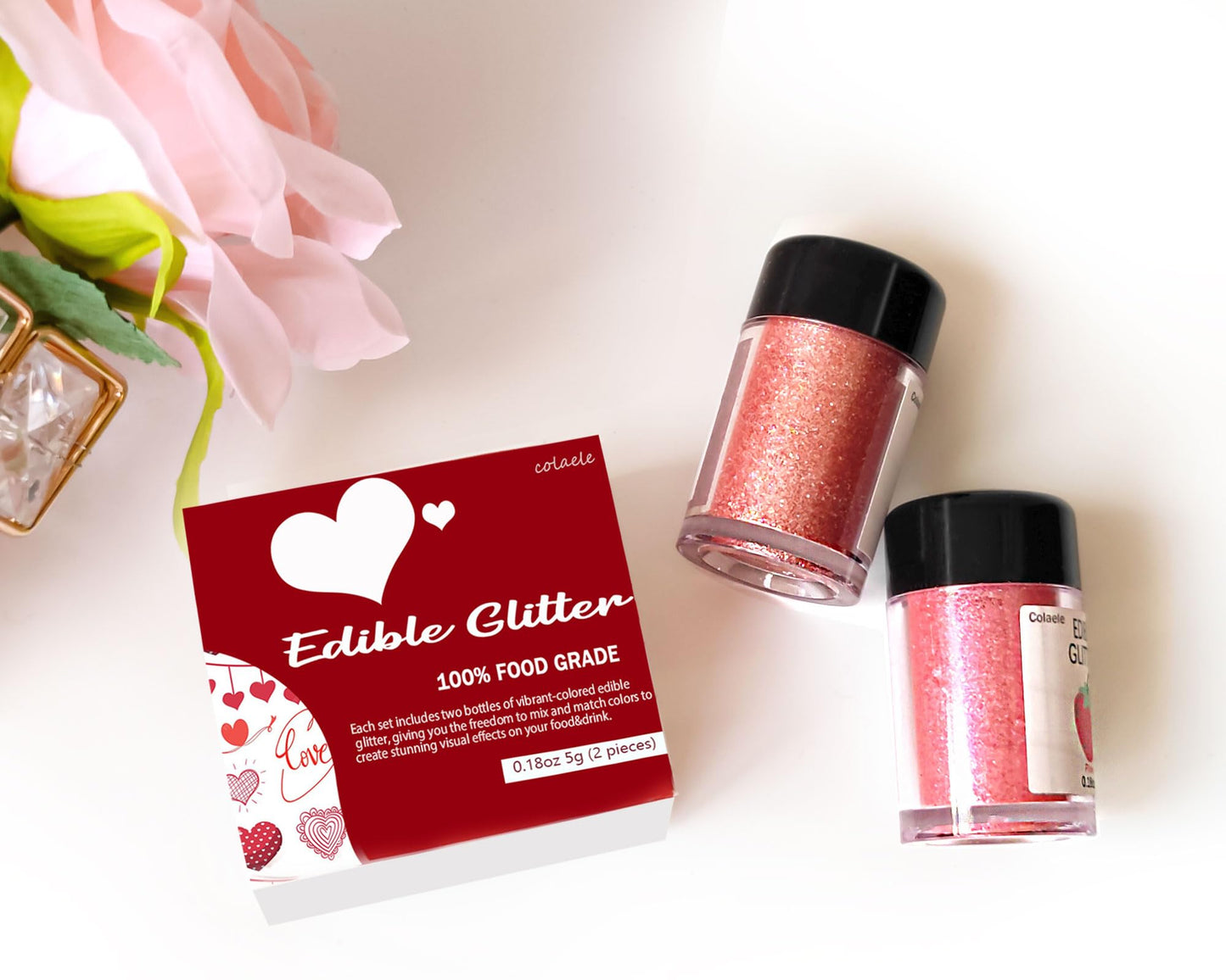 Colaele Red Pink Edible Glitter Powder for Cakes & Drinks - 5g Food Grade Luster Dust