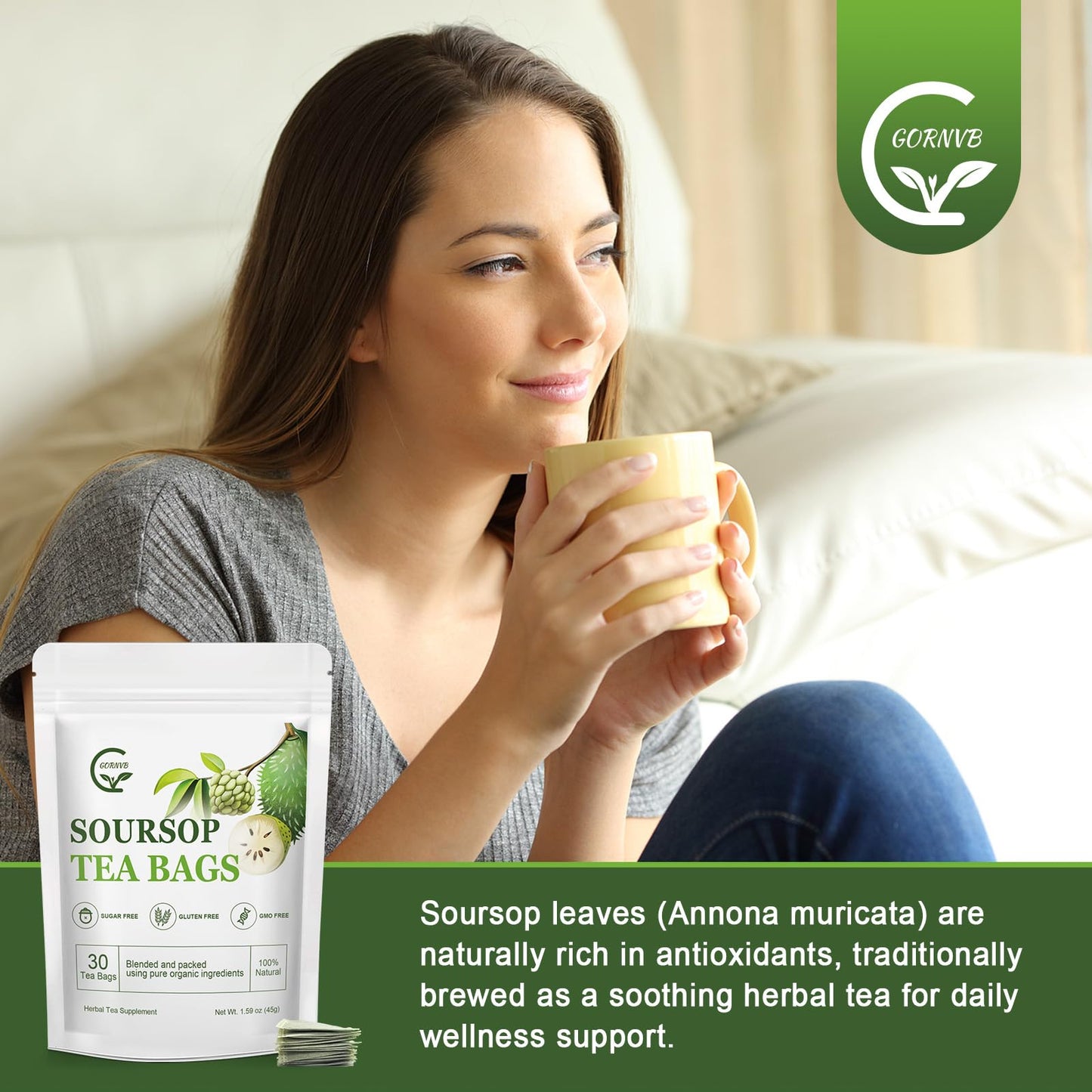 Organic Soursop Leaf Tea Bags | Annona Muricata Herbal Tea for Relaxation & Wellness | Caffeine-Free  Antioxidant Rich | 30 Count | Gluten-Free  Non-GMO