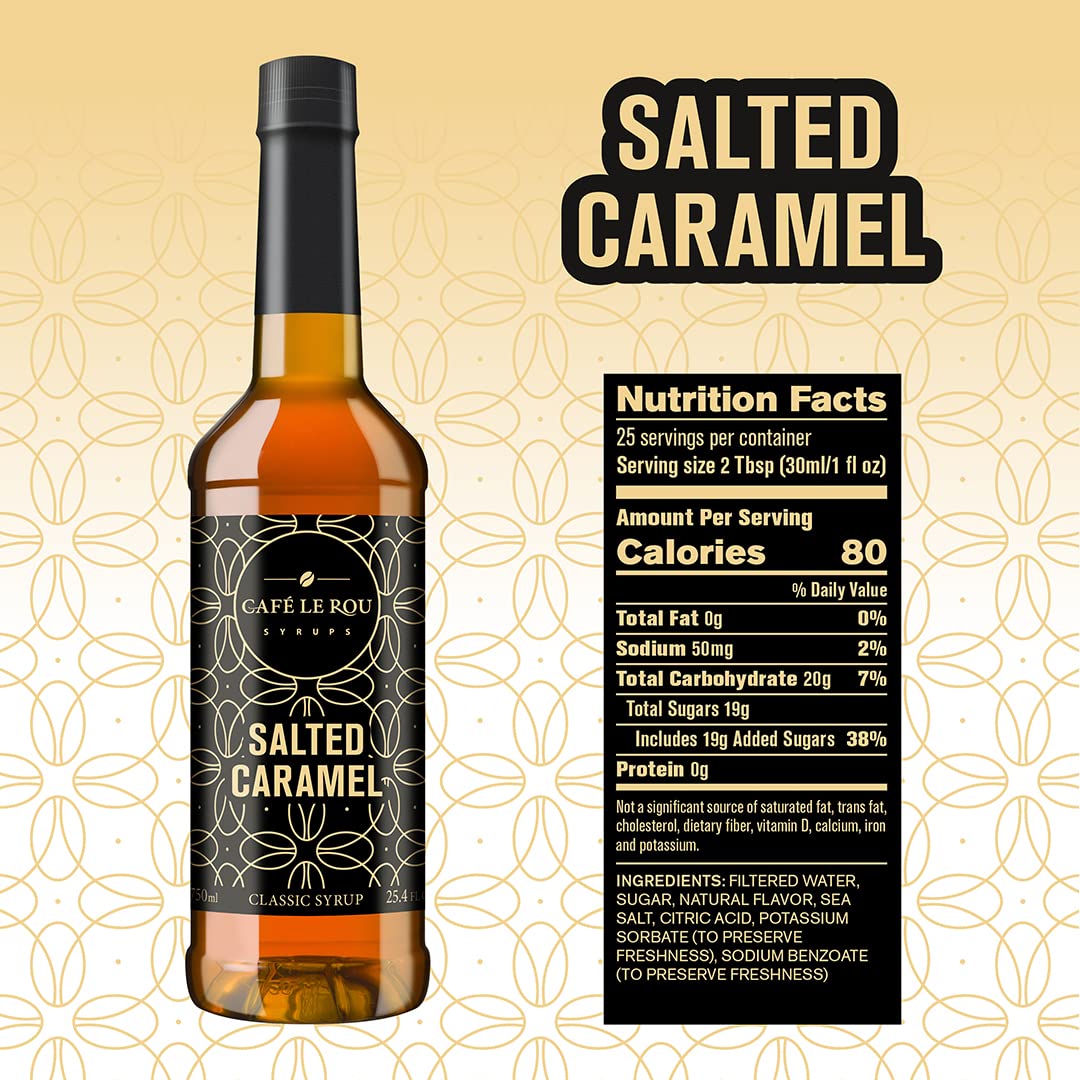 Caf? Le Rou Coffee Syrup Variety 5-Pack- 25.4 oz Vanilla  French Vanilla  Caramel  Salted Caramel  Hazelnut Coffee Flavoring Syrup for Coffee  Tea and Espresso