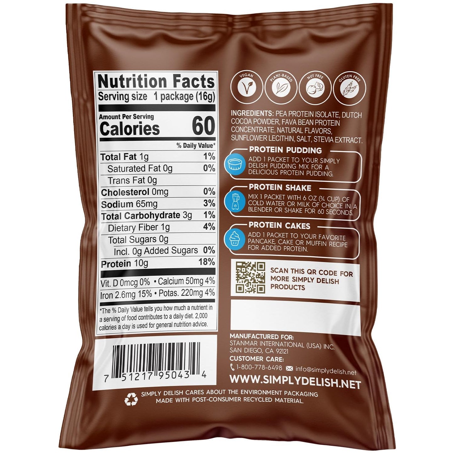 Simply Desserts Chocolate Protein Powder, Sugar-Free, 6-Pack - Plant-Based Protein Boost for Vegan Puddings, Baked Goods, Shakes