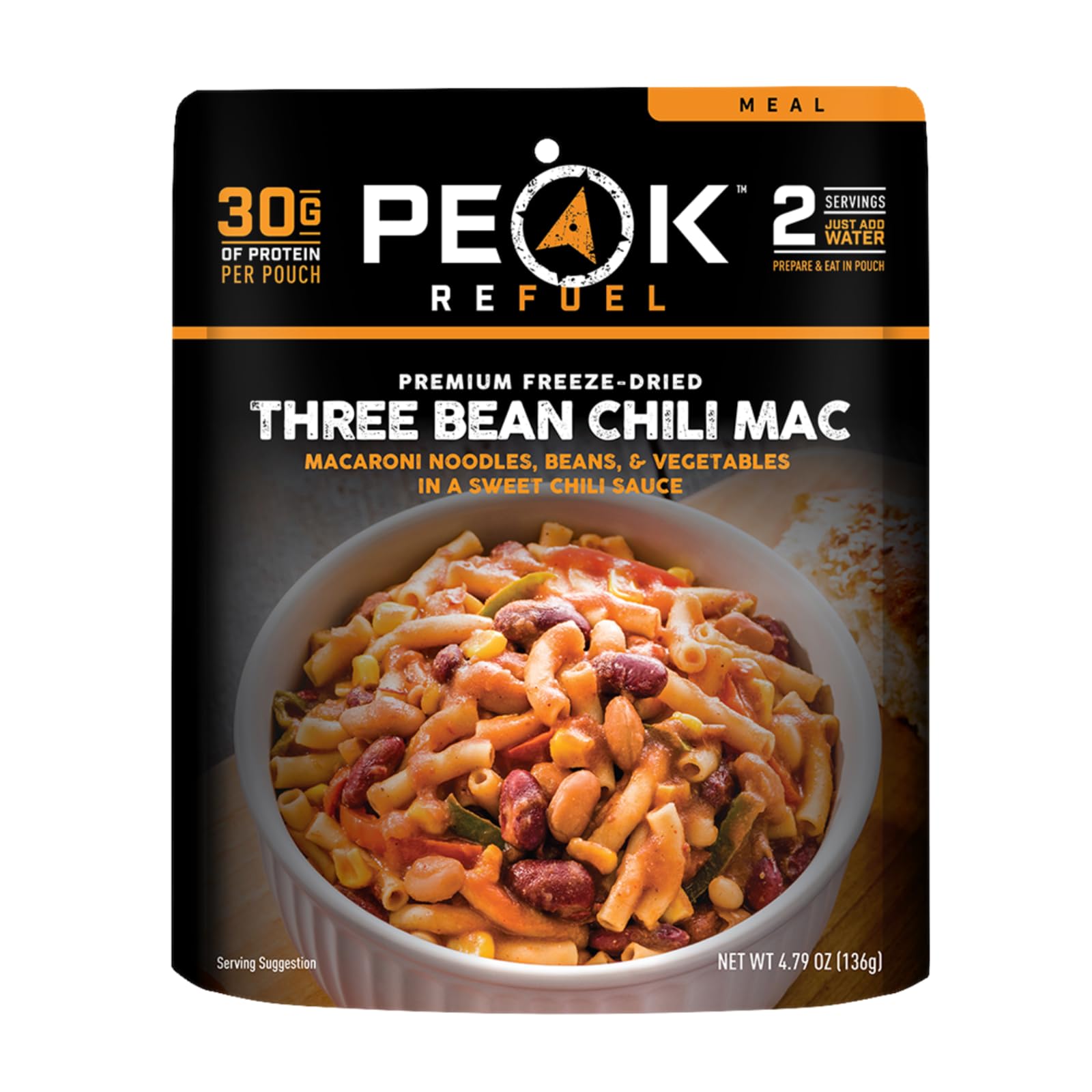 Peak Refuel Three Bean Chili Mac| Enhanced Freeze Dried Camping Food | Backpacking & Hiking Mre Meals | Just Add Water | 100% Real Ingredients | 30G Of Protein | 2 Serving Pouch