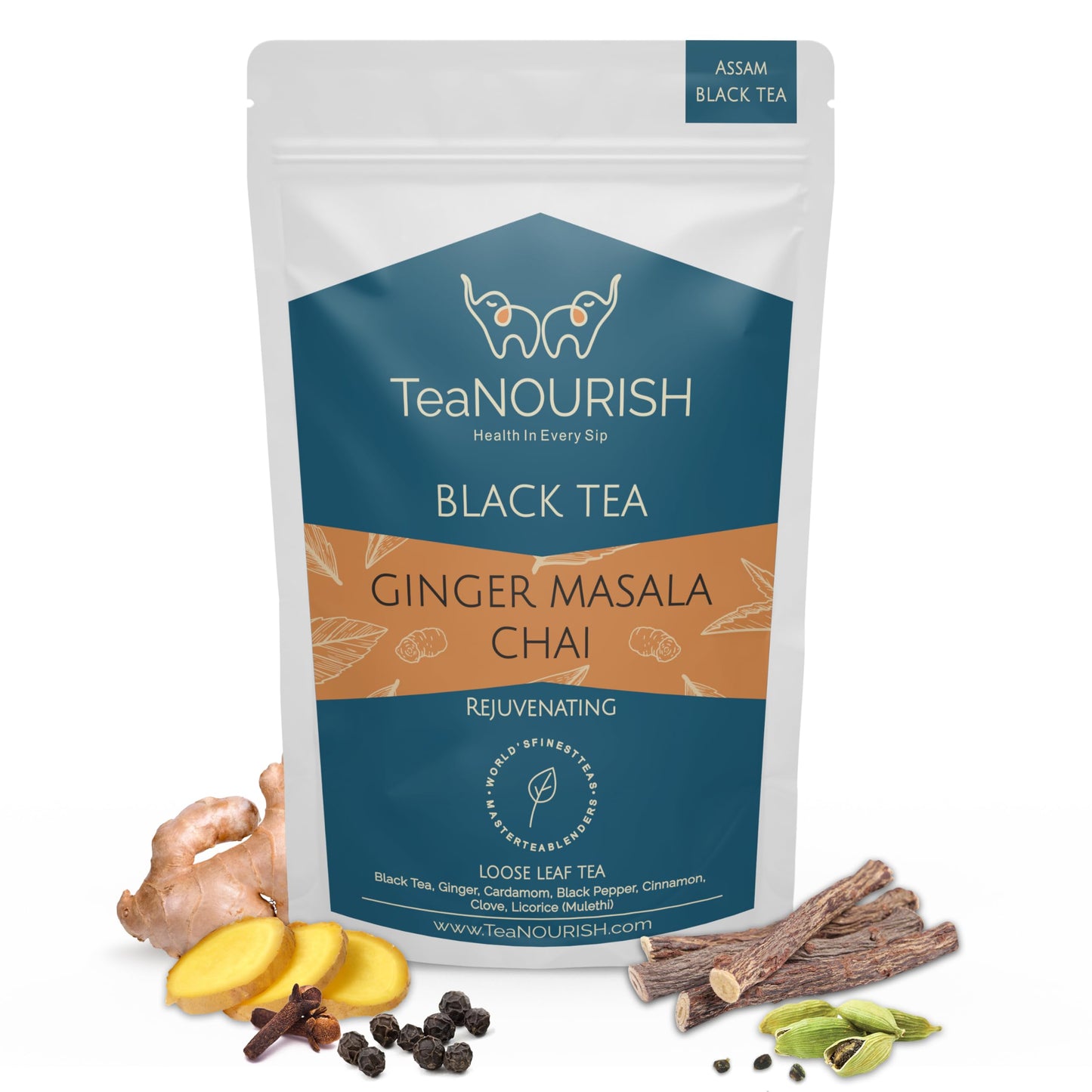 TeaNOURISH Ginger Masala Chai Tea | Assam CTC Loose Black Tea | Blended with Authentic Indian Spices | Indian Ginger Tea | 100% 
