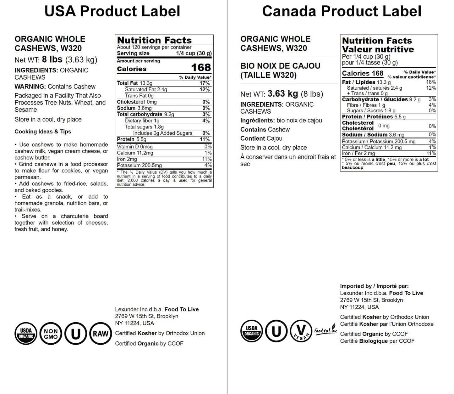 Food To Live - Organic Cashews, 8 Pounds Whole, Unsalted, Non-Gmo, Kosher, Raw, Vegan, Bulk