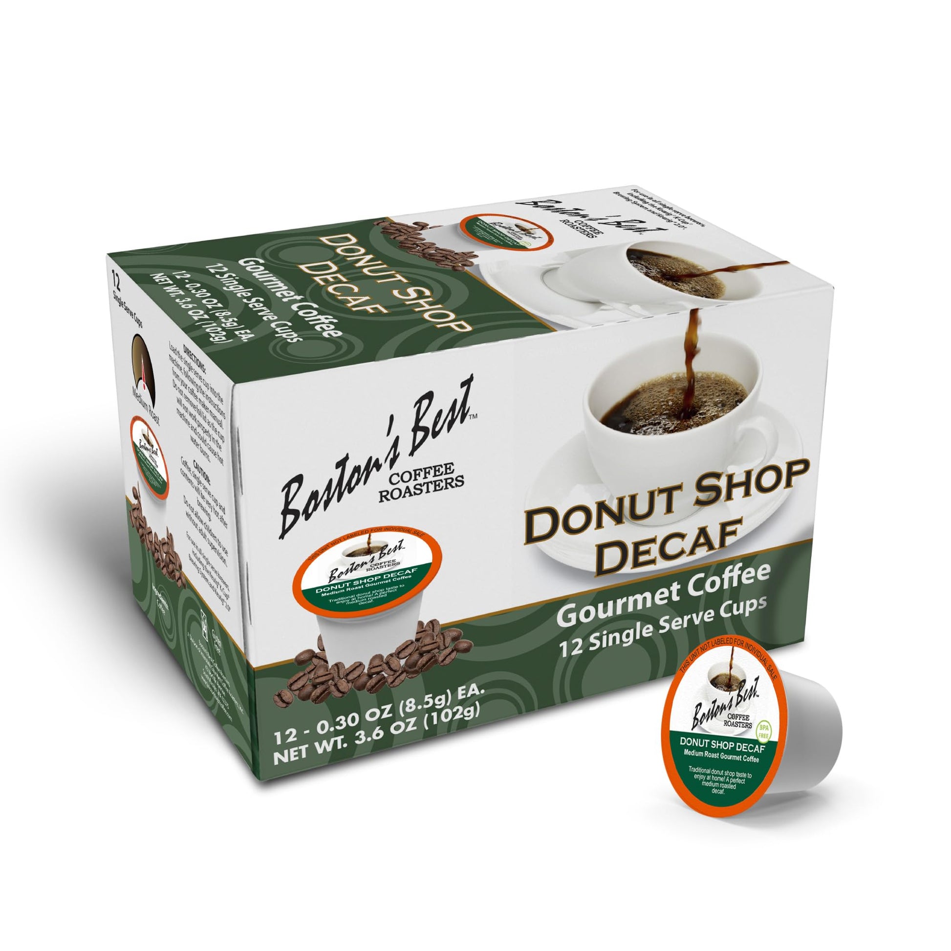 Bostons Best Hearty Donut Shop Decaf Medium Roast Coffee, 12 Single Serve Cups, Compatible with Keurig Coffee Maker