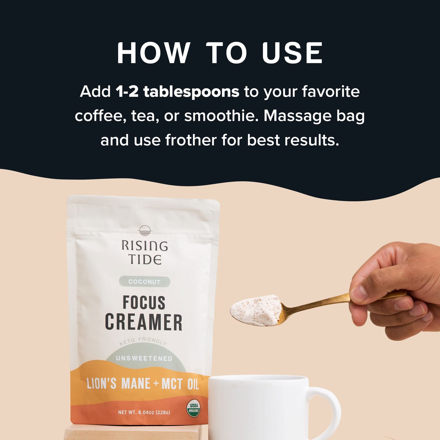 Rising Tide Focus Mushroom Coffee Creamer - Creamy Coconut Powdered Creamer - Superfood Blend For Enhanced Energy And Focus - No