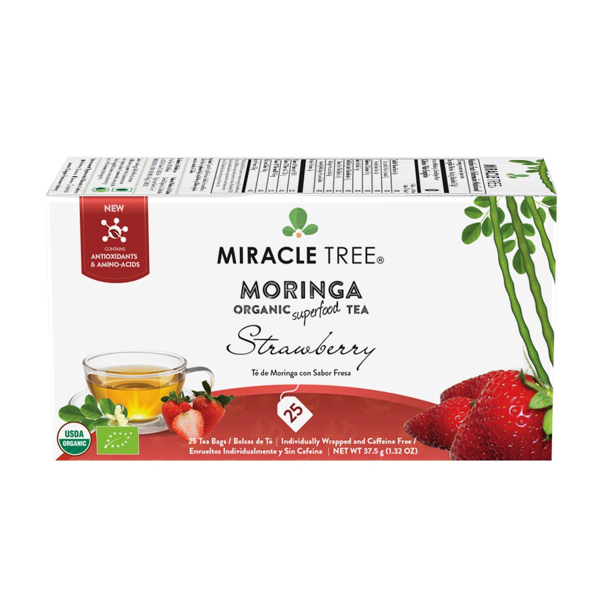 Miracle Tree Organic Moringa Superfood Tea - 25 Individually Sealed Bags, Strawberry Flavor, Vegan, Gluten-Free, Caffeine-Free