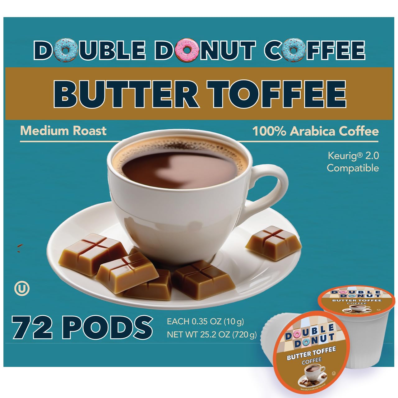 Double Donut Coffee Pods, Toffee Flavored, Medium Roast, Compatible with Keurig, 72 Count