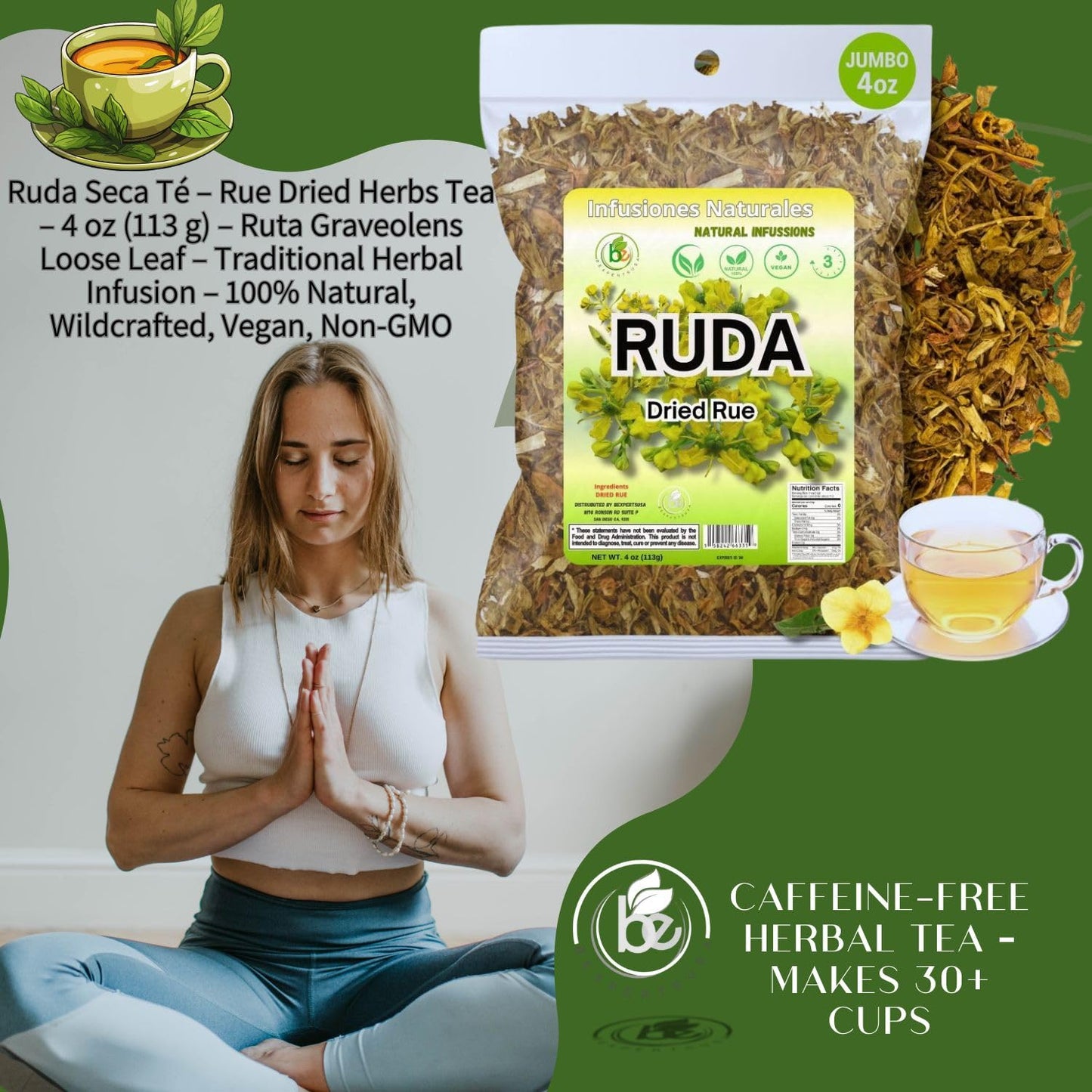 Ruda Seca T? - Rue Dried Herbs Tea - 4 oz (113 g) - Ruta Graveolens Loose Leaf - Traditional Herbal Infusion - 100% Natural  Wildcrafted  Vegan  Non-GMO - by BexpertsUSA