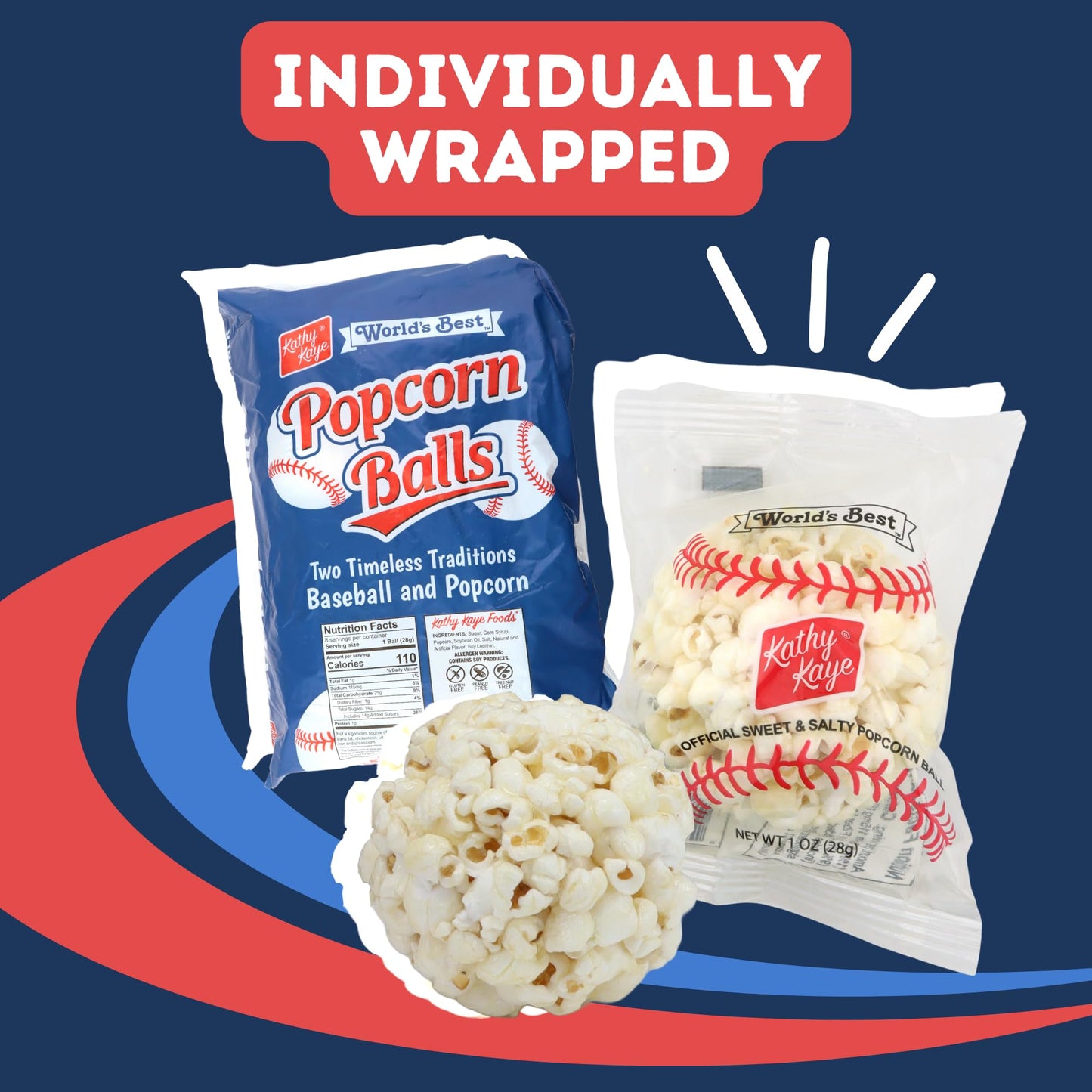 Kathy Kaye Baseball Sweet & Salty 1 Oz. Popcorn Balls | Delicious, Crunchy, & Perfect For Snacking| Classic Sweet & Salty Flavor