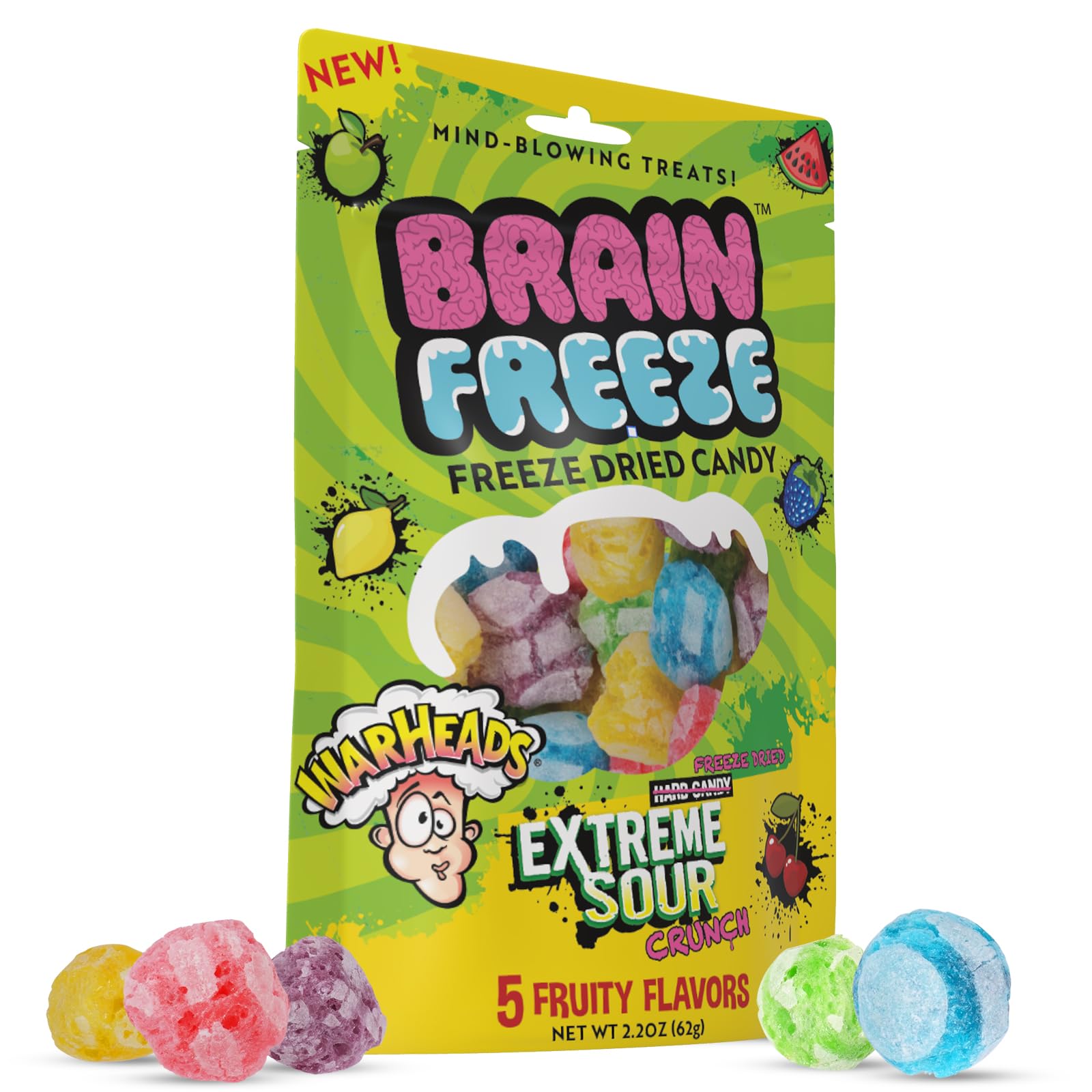 Brain Freeze by Warheads Mixed Fruit Dried Candy | Freeze Dried Candy with Warheads Extreme Sour Crunch | Mouth-Puckering Flavor