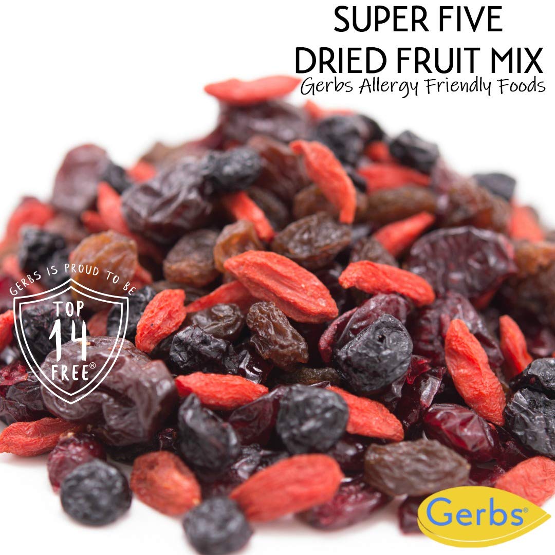 Gerbs Super 5 Dried Fruit Snack Mix 14 Oz. Premium | Top 14 Food Allergy Free | Resealable Bulk Bag | Made In Usa | Dried Blueberry Cranberry Cherry Raisin Goji Berries Trail Mix | Gluten Peanut Free