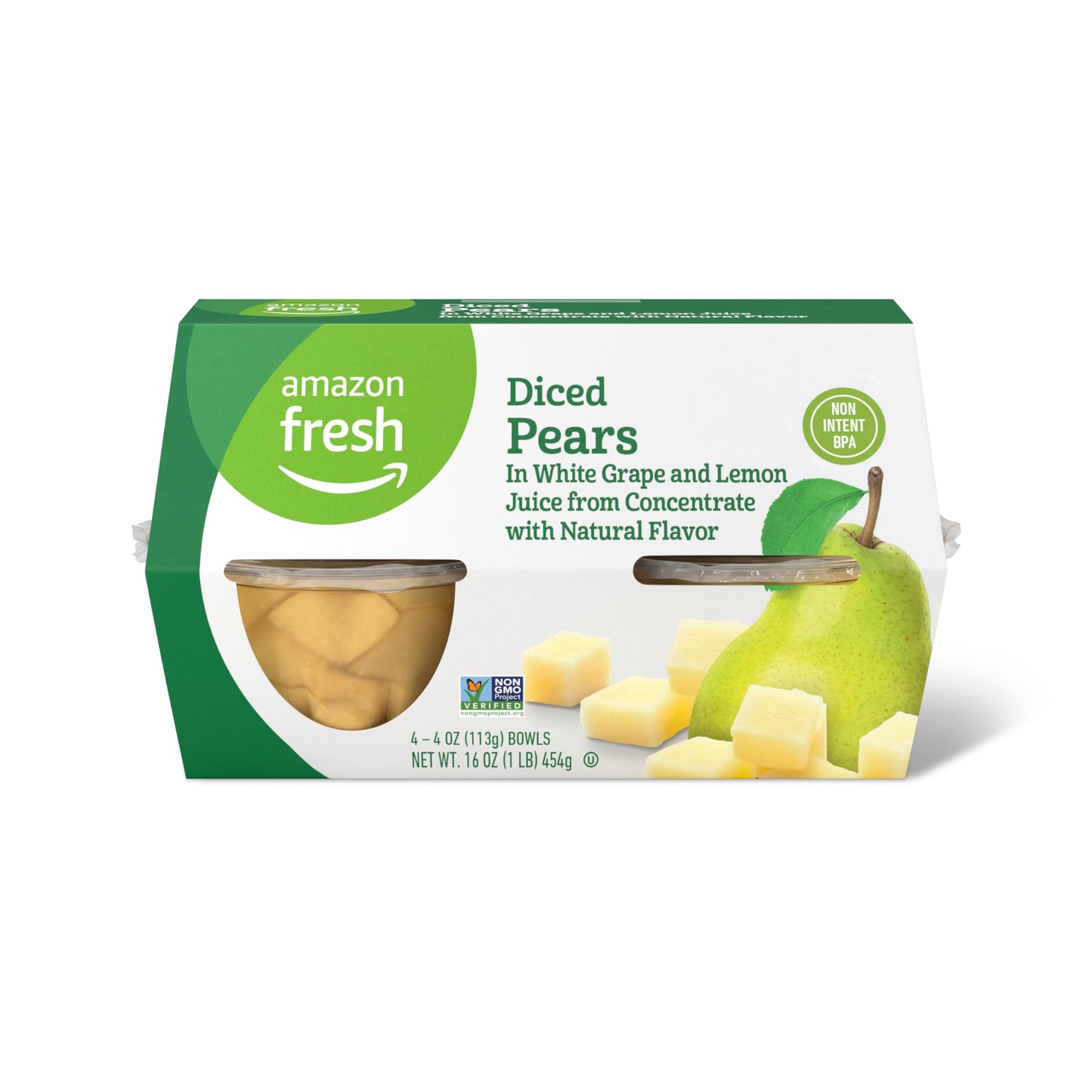 Amazon Fresh Diced Pears in White Grape & Lemon Juice, 4 Oz Bowls, Pack of 4