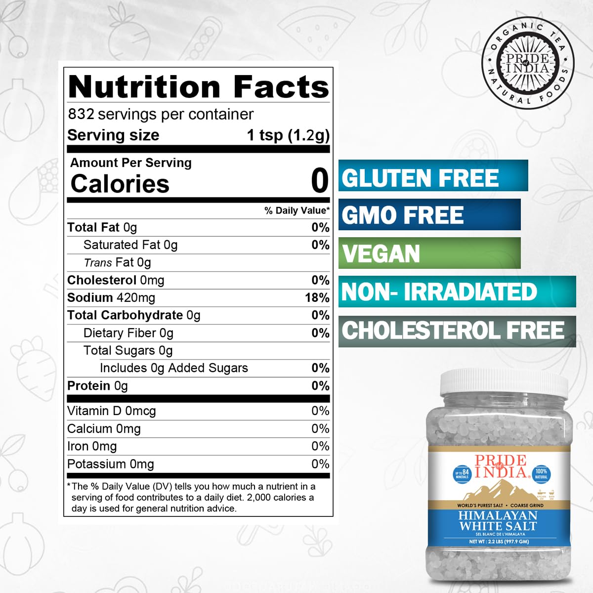 Pride of India- Himalayan White Salt Coarse Grind 2.2 lbs (997.90 gm)- Rarest & Enriched W/84+ Natural Minerals- Low Sodium- Min