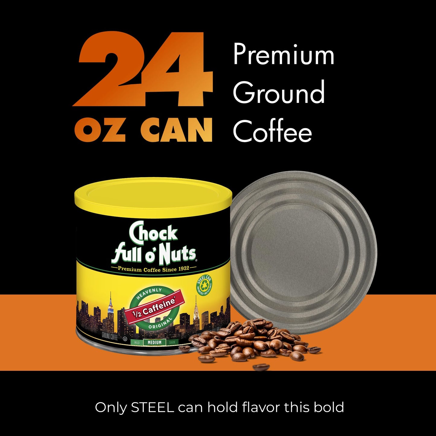 Chock Full o Nuts Half Caffeine Ground Coffee – Medium Roast, 24 Oz Can – Rich Flavor & Aroma