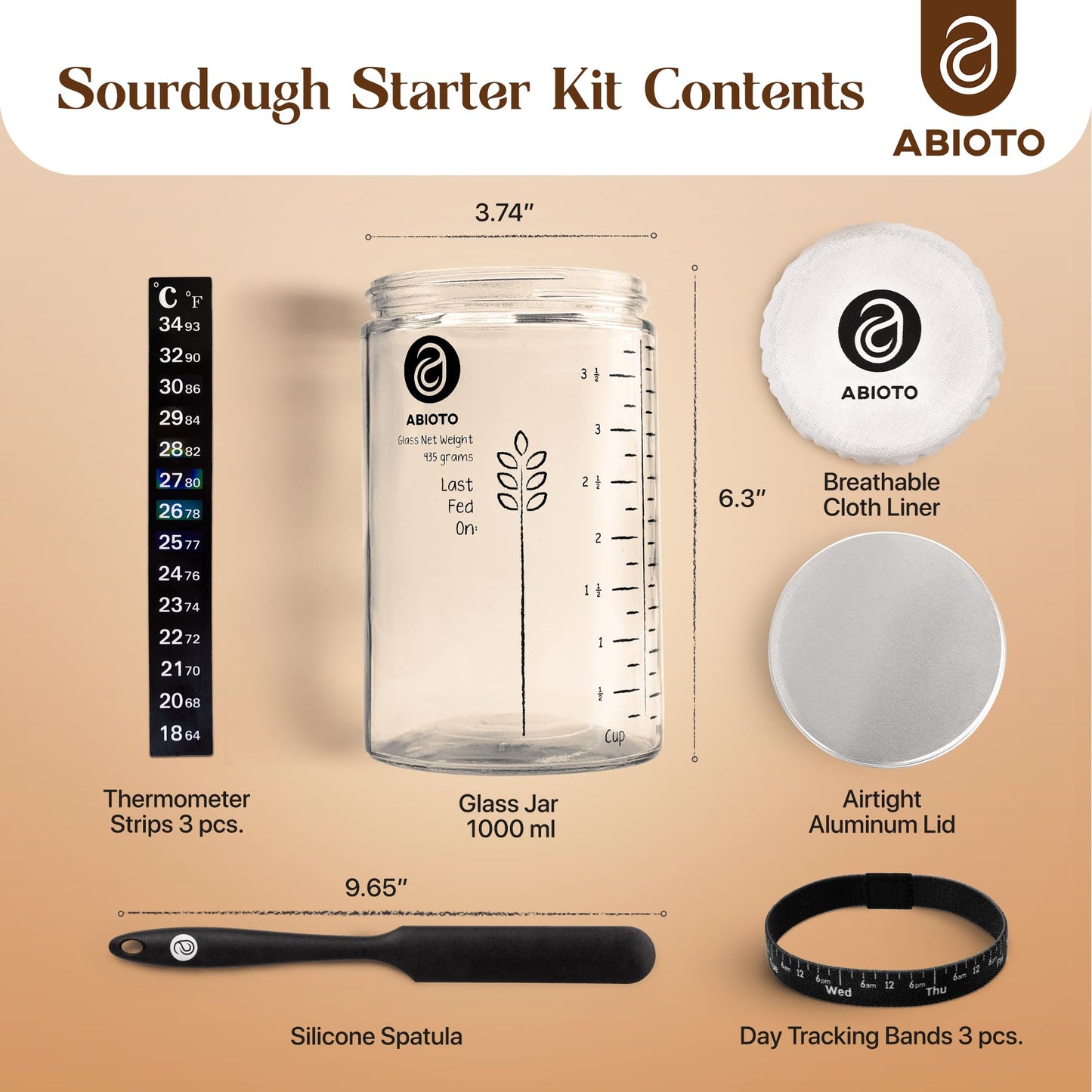 ABIOTO Sourdough Starter Jar Kit  Includes 34 oz Sourdough Starter Jar with Metallic Lid  Silicone Spatula  Feeding Tracker  Extra Thermometer Strips & Breathable Covers - Sourdough Bread Starter Kit