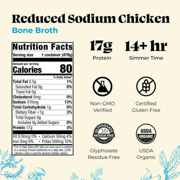 Kettle And Fire Reduce Sodium Chicken Organic Bone Broth, Keto, Paleo, Whole 30 Approved, Gluten Free, 17G Of Protein, Natural S