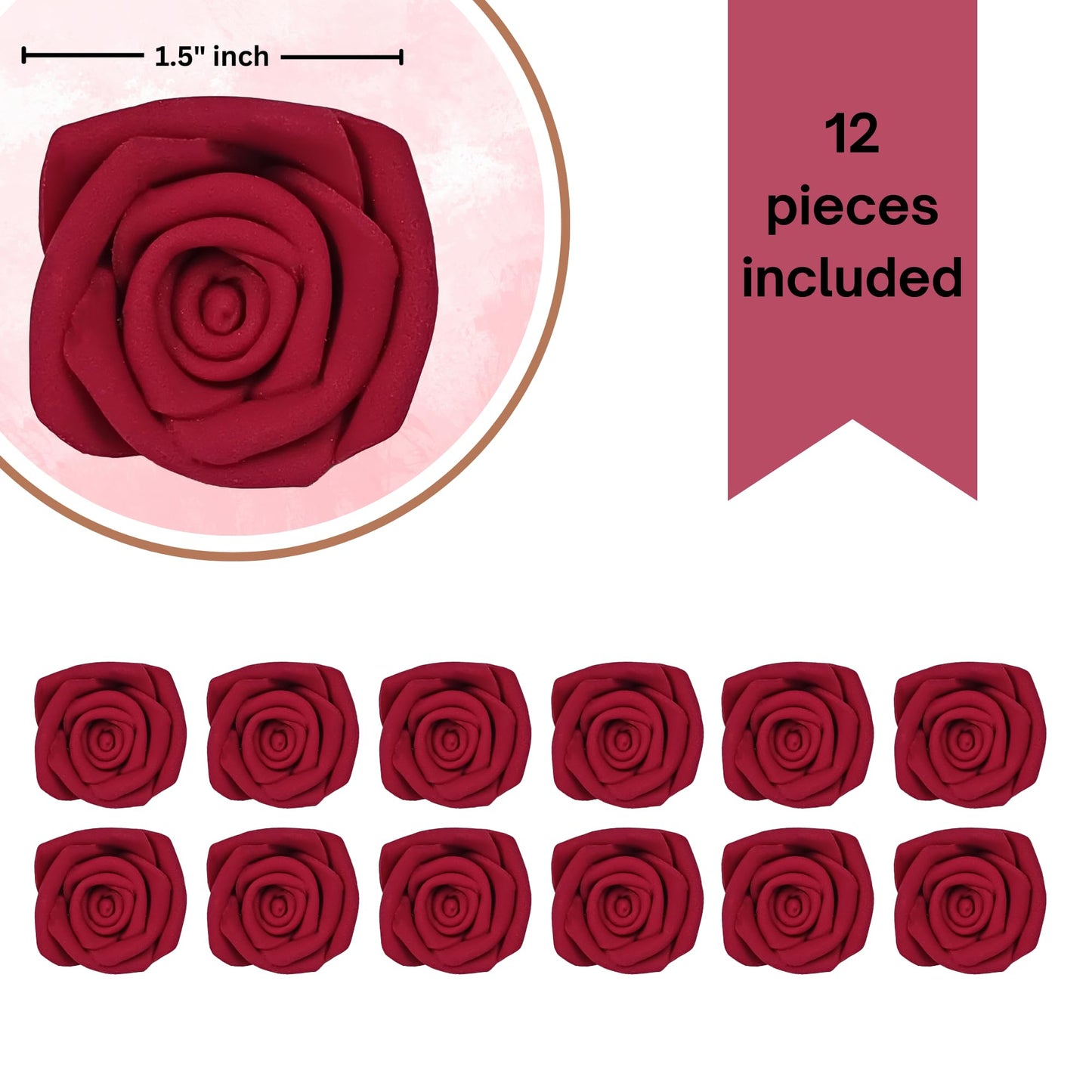 Confect Edible Deep Burgundy Rose Toppers - Edible Roses For Cake & Cupcake Decorations, Perfect For Weddings & Special Occasion