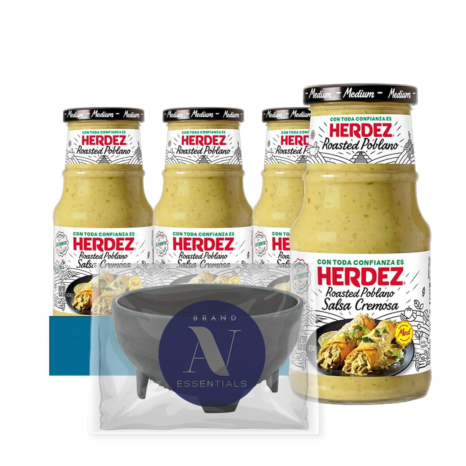 Herdez - Lavinia Essentials Bundle: 4-Pack of Salsa Cremosa Roasted Poblano 16oz Glass Bottle + 1 Utility Prop