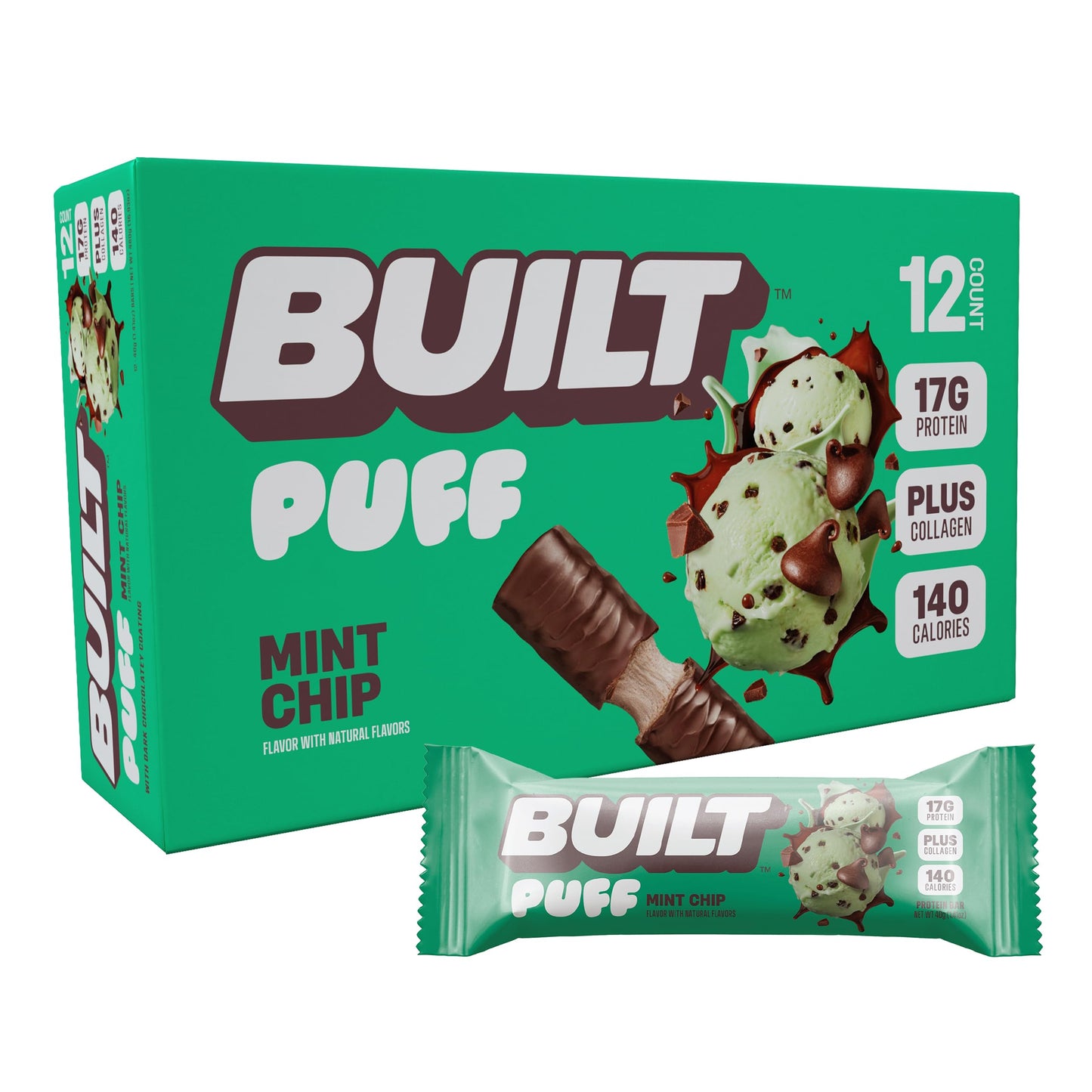 Built Bar, Puff Protein Bars, Mint Chip Puff, 17g Protein Snacks, On-The-Go Bars, Only 140 Calories, 6g Sugar, Collagen, Gluten 