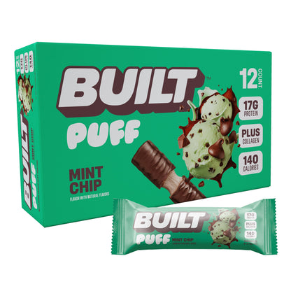 Built Bar, Puff Protein Bars, Mint Chip Puff, 17g Protein Snacks, On-The-Go Bars, Only 140 Calories, 6g Sugar, Collagen, Gluten 
