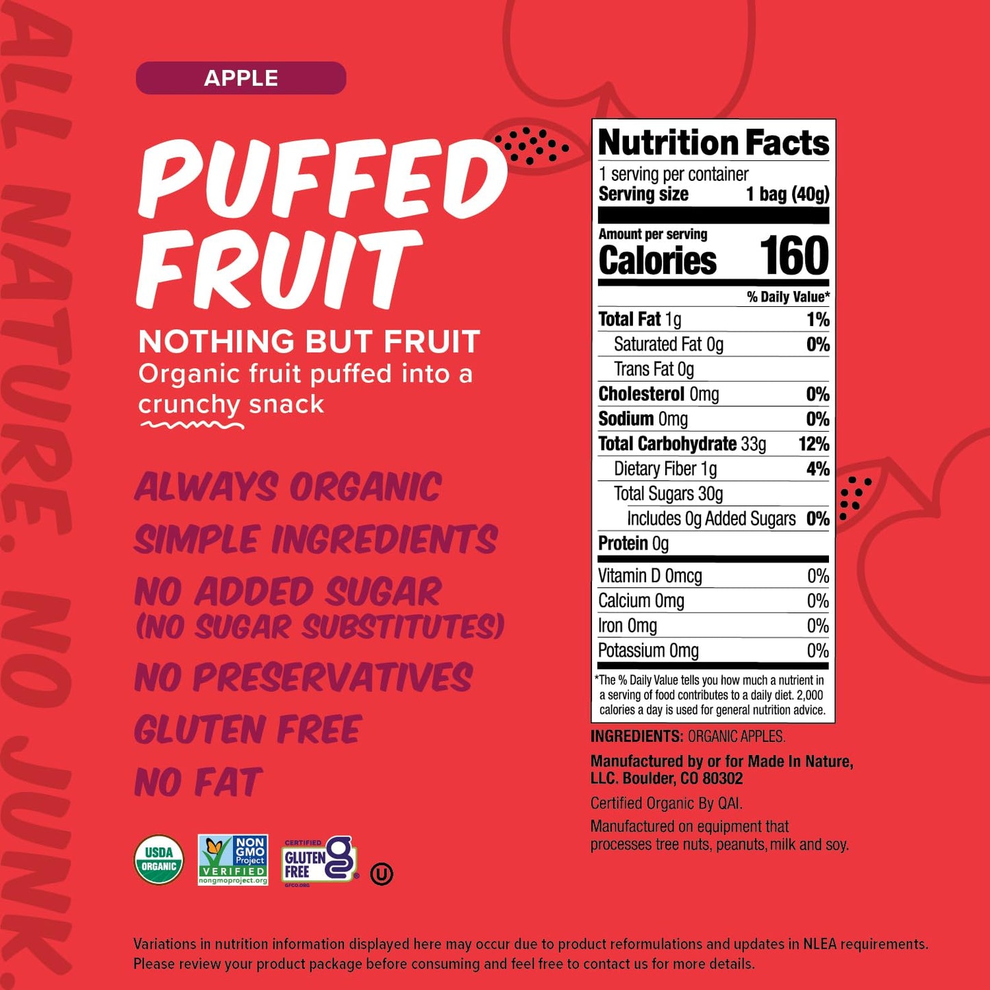 Made In Nature Organic Puffed Fruit Snack, Apple, Vegan, Non-GMO, Gluten Free, 1.4 Ounce Bag, Pack of 6