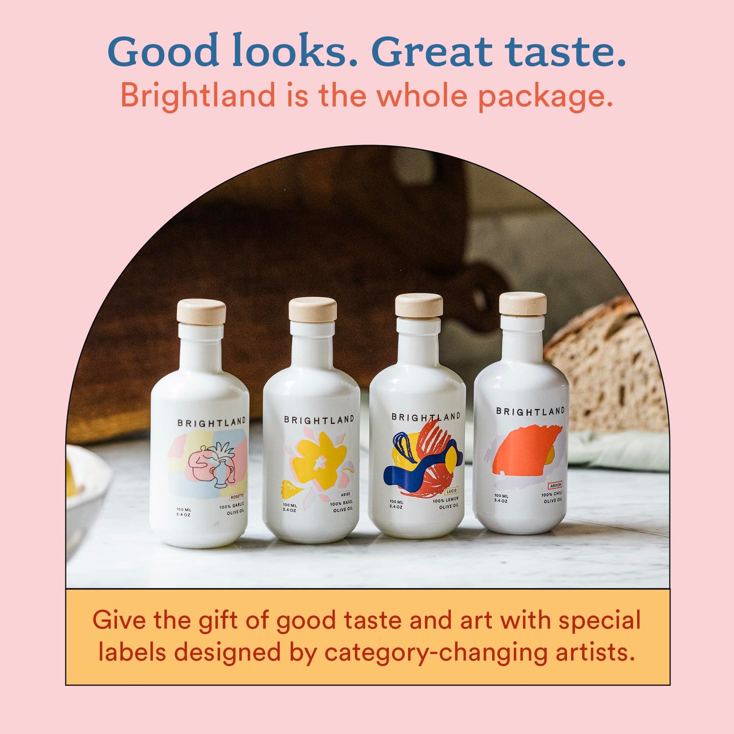 Brightland The Mini Artist Series Gift Set  4 Piece Set - Olive Oil Bundle Includes Ardor Chili  Rosette Garlic  Lucid Lemon & Arise Basill Infused Oils - 4 x 3.4 Fl Oz Bottles