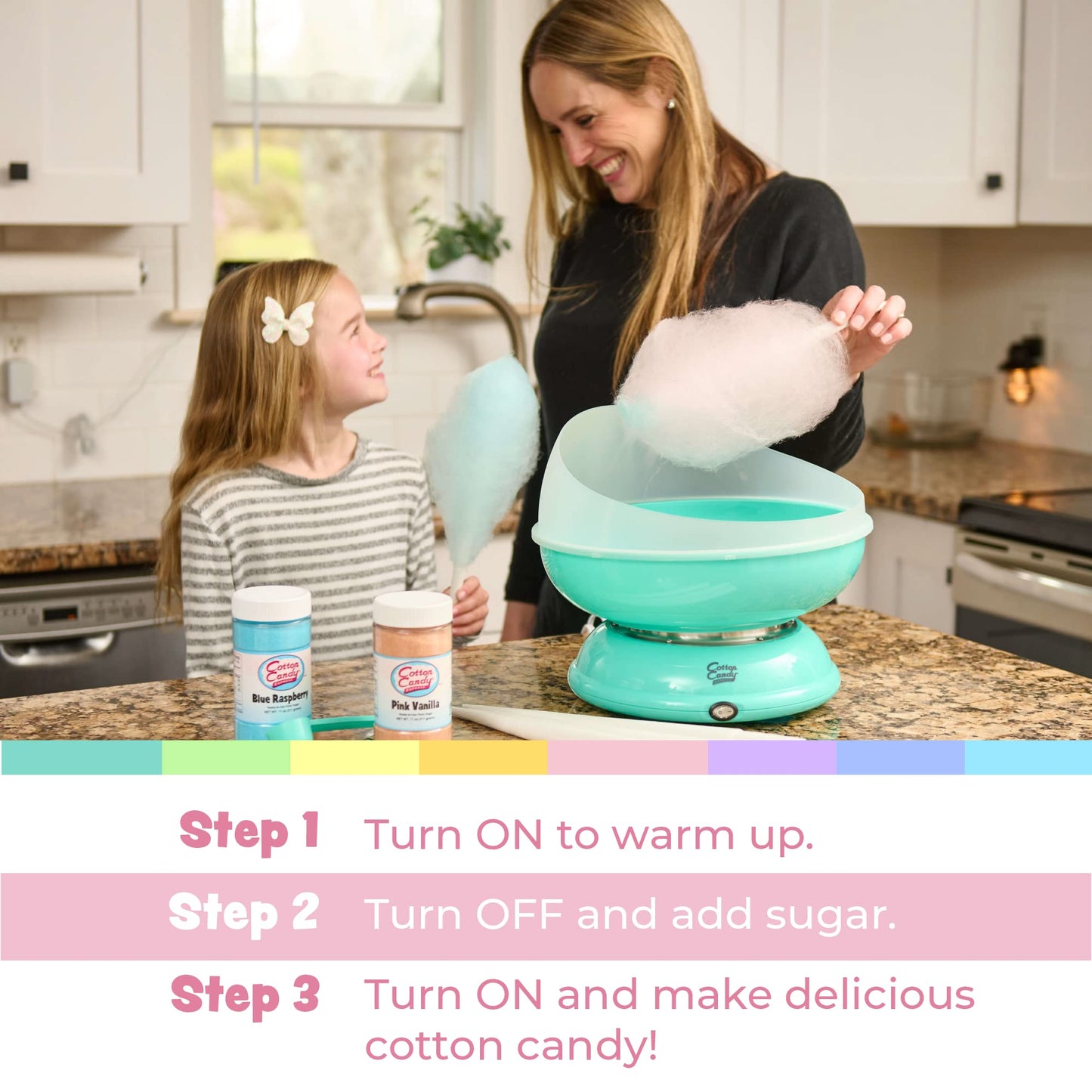 Cotton Candy Express Floss Sugar Variety Pack with 3 - 11oz Plastic Jars of Cherry, Blue Raspberry & Grape Flossing Sugars. Use