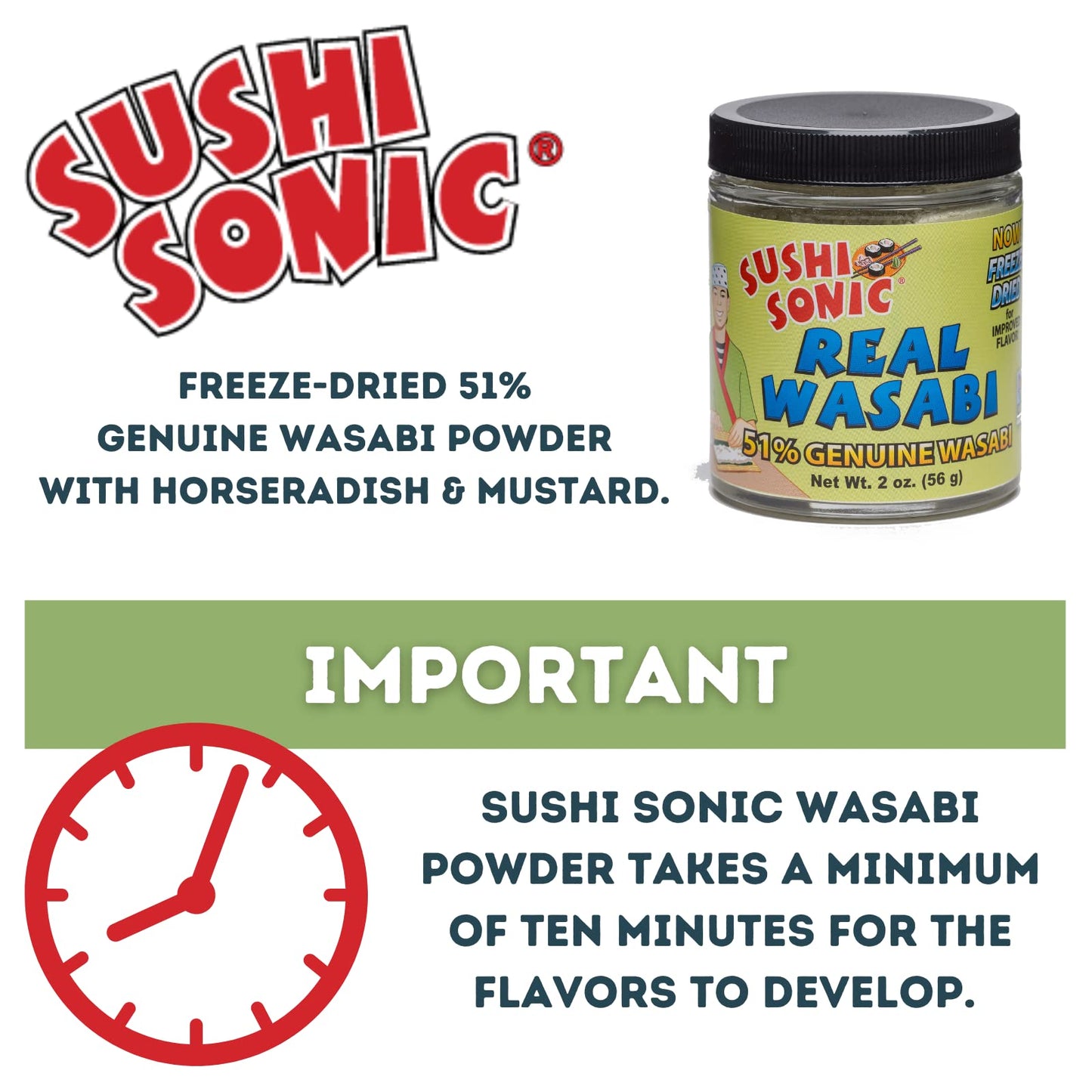 Sushi Sonic 51% Real Wasabi Powder, for Sushi, Sashimi, Snack Topping, No Dyes or Fillers, 2 oz jar