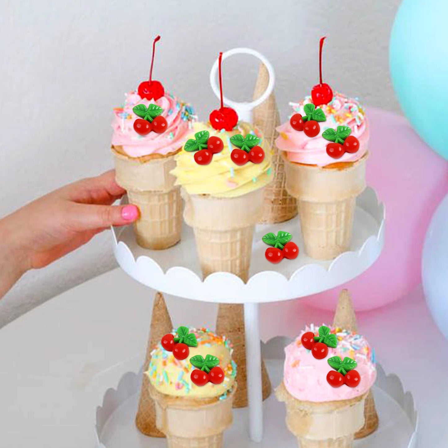 Cyodoos 24 Pcs Cherry Cupcake Toppers, Red Resin Fruit Theme Picks for Kid Baby Shower Party Decorations